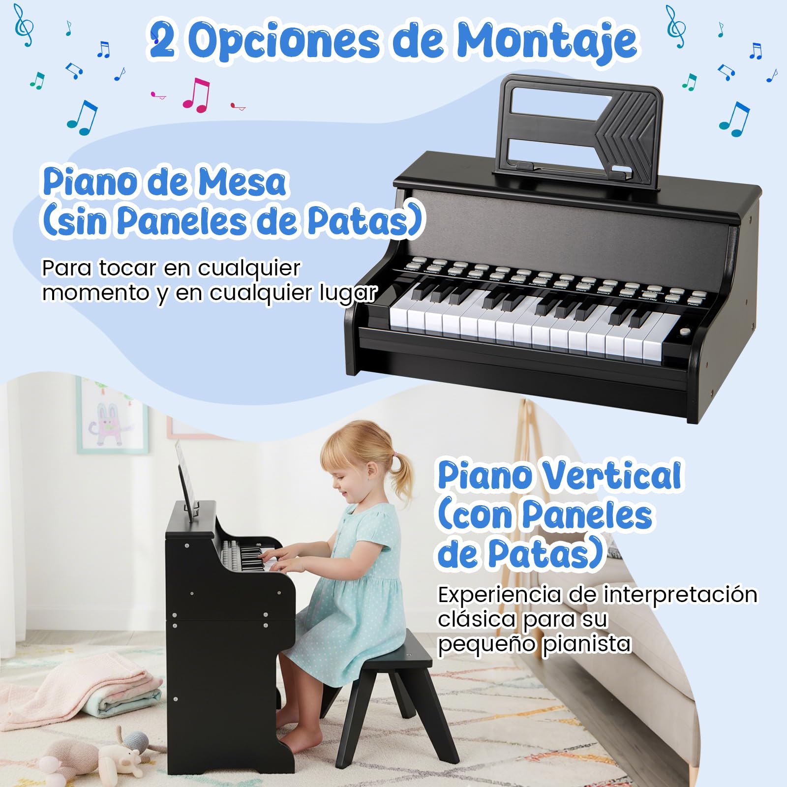 Goplus Piano de juguete clásico para niños de 30 teclas, mini piano de madera estilo grand con banco, tapa para piano, estante para música, juguete musical para aprender a tocar, regalo