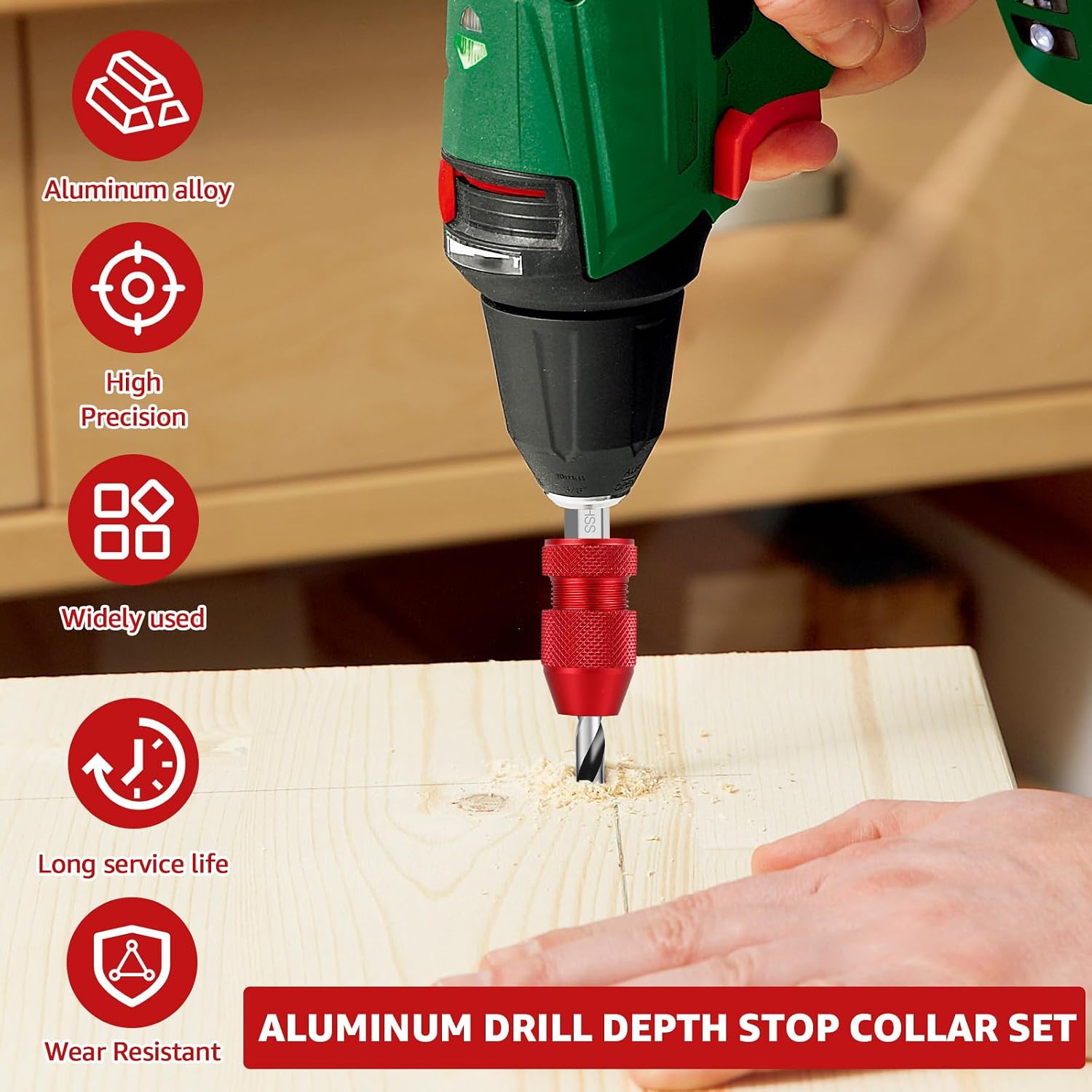 Adjustable Aluminum Drill Bit Depth Stop Collar Set for Woodworking & Hand Tools – Compatible with 5/64"-3/16" & 15/64"-7/16" Drill Bits – 2-Pack