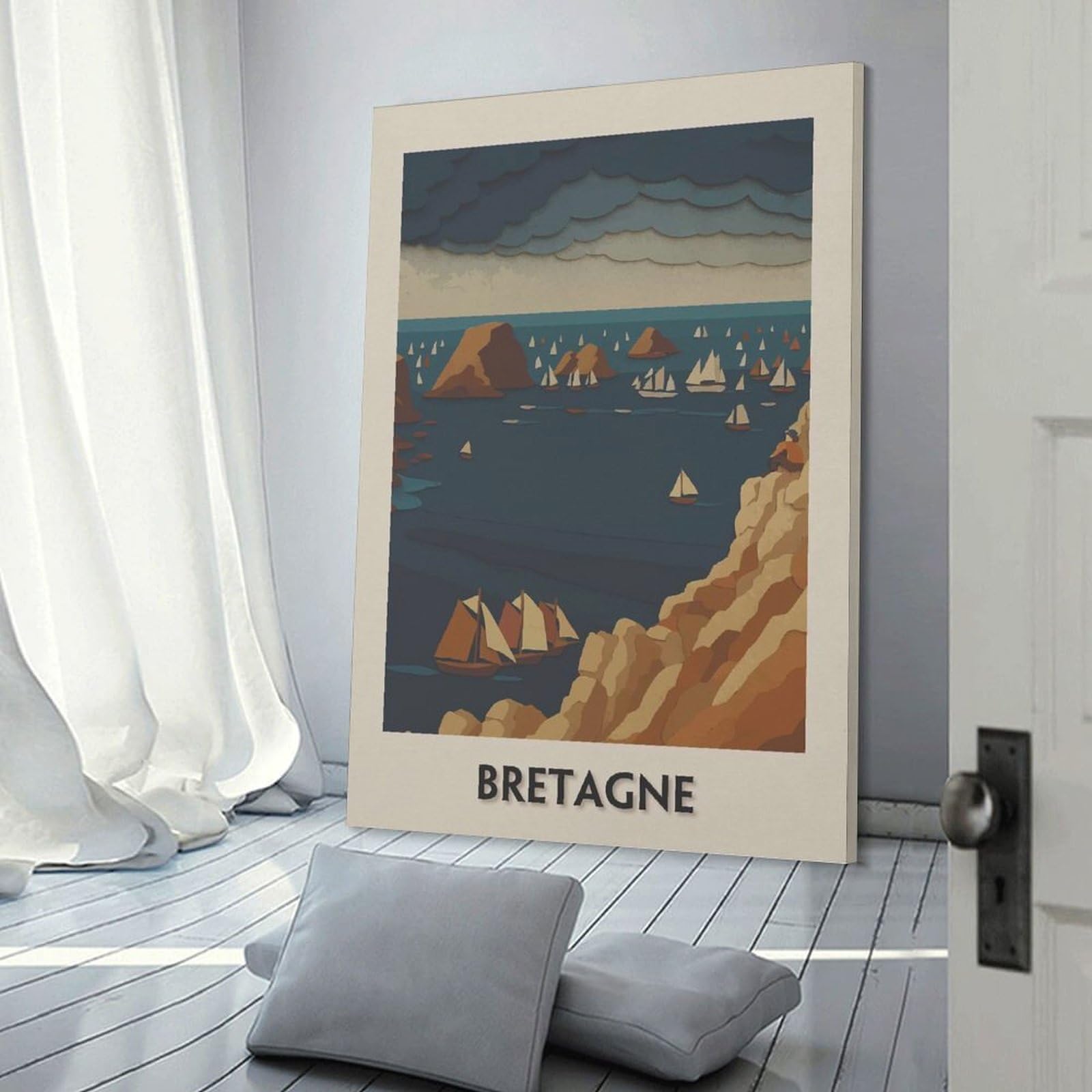 Junmoney Bretagne Coastal Sailing Scene Room Decor Wall Art, 20x30inch(50x75cm), for Hallway, Lounge Or Guest Room, Gift Idea for Housewarming And Birthdays