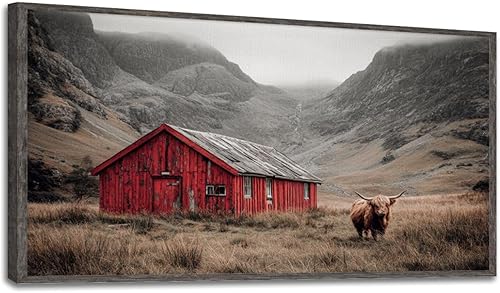 Miniatura 21 de 24"x 48" Fall Canvas Wall Art Highland Cow Rustic Vintage Forest Landscape Farmhouse Autumn Framed Pictures Painting Print Large Wall Art for Living