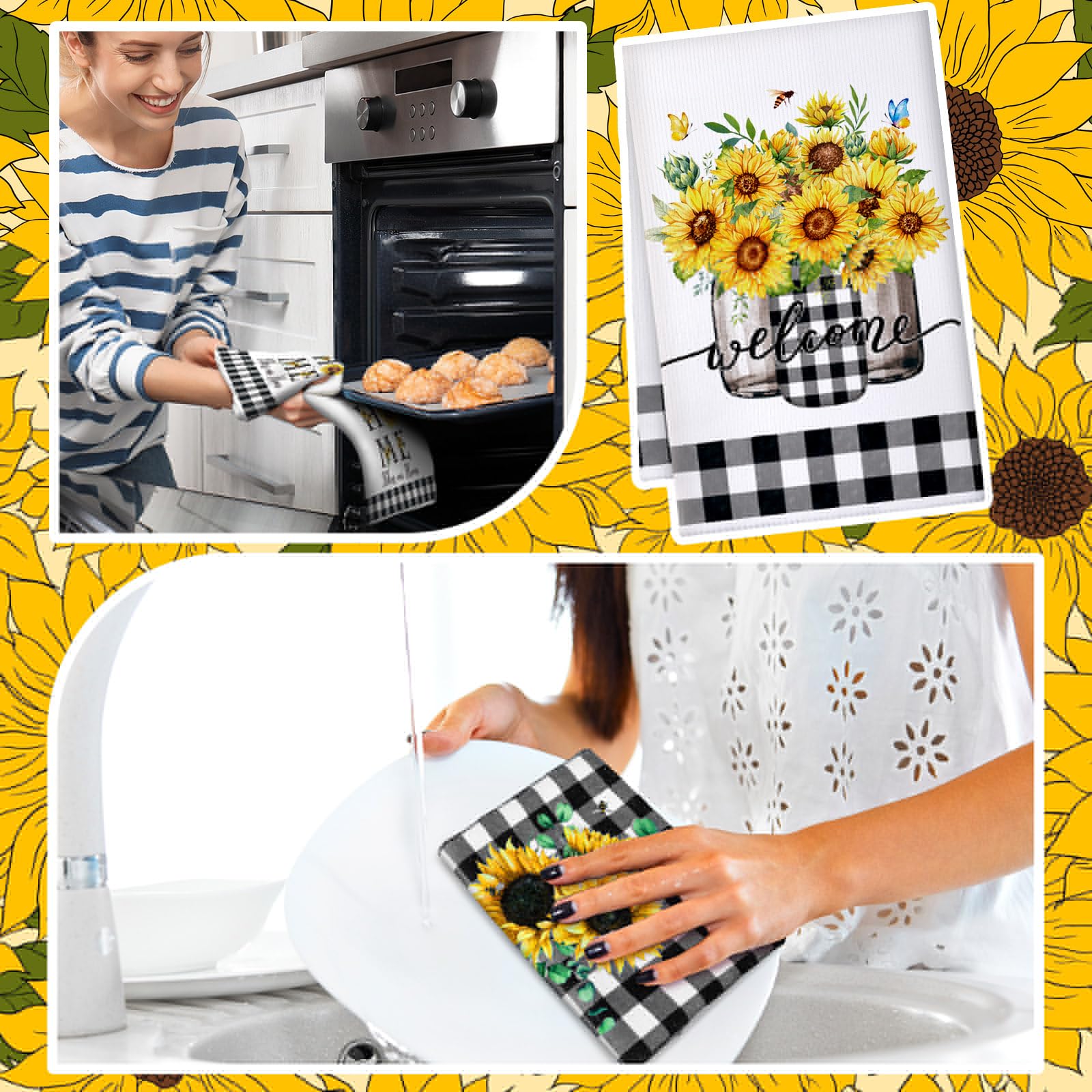 Bencailor 12 Pcs Sunflower Kitchen Towels Sets Decorative Dish Towels Absorbent Fast Drying Hand Cloths Hanging Reusable Cleaning Dishcloths Seasonal Holiday Home(Yellow,Sunflower)
