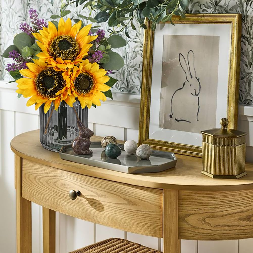 Oairse Girasol artificial con jarrón de cristal, plantas artificiales con eucalipto, decoración de mesa para sala de estar, para bodas, fiestas, arreglos florales, alféizar de ventana, decoración y