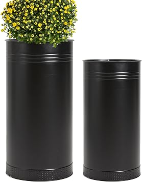Worth Garden Galvanized Steel Planter 2-Pack - Large28"x14.5" & Small24"x12" - Tall Metal Plant Pots - Large Handcrafted Decoration Flower Pot for Indoor Outdoor, Deck, Patio, Front Porch - Black