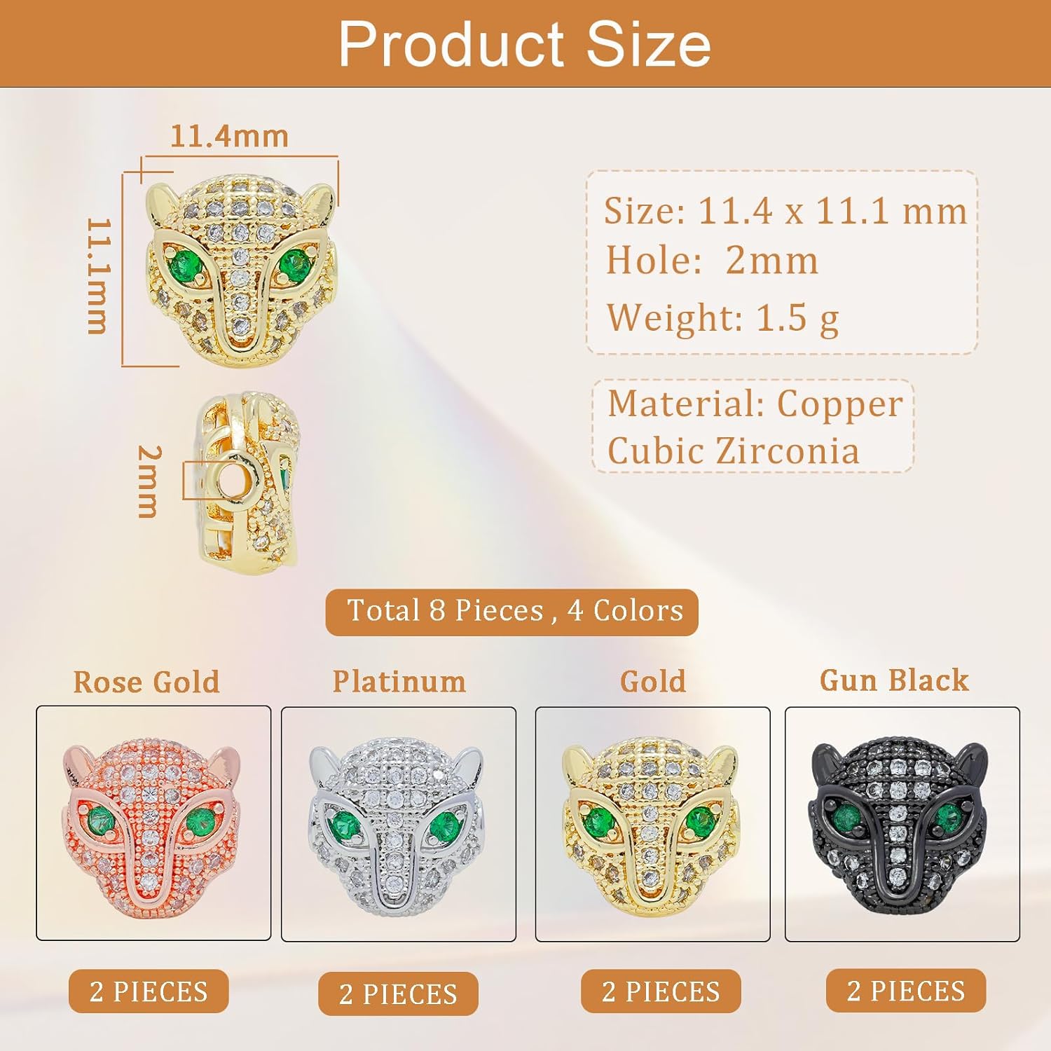 8 PCS Green Eyes Leopard Head Beads, Mixed Color Brass Cheetah Charms Panther Beads Pave Zircon Animal Beads for Bracelet Necklace DIY Jewelry Making Crafts (11.4x11.1mm,Hole:2mm) - Image 2