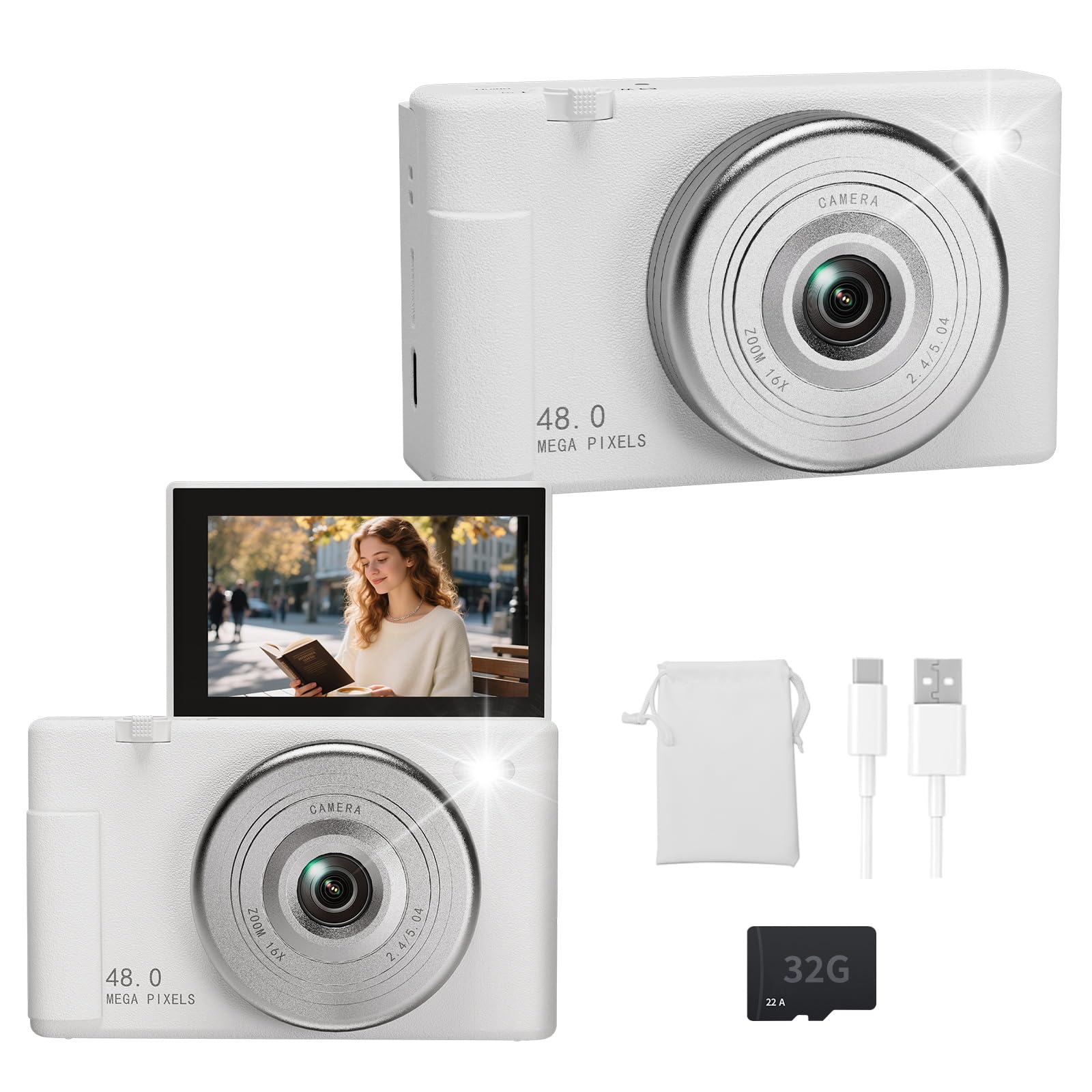 2K Digital Camera with 48MP Multi-Filter 16X Zoom Anti Shake, 3" LCD Screen Compact Vlogging Camera with 32G SD-Card, White-image-41