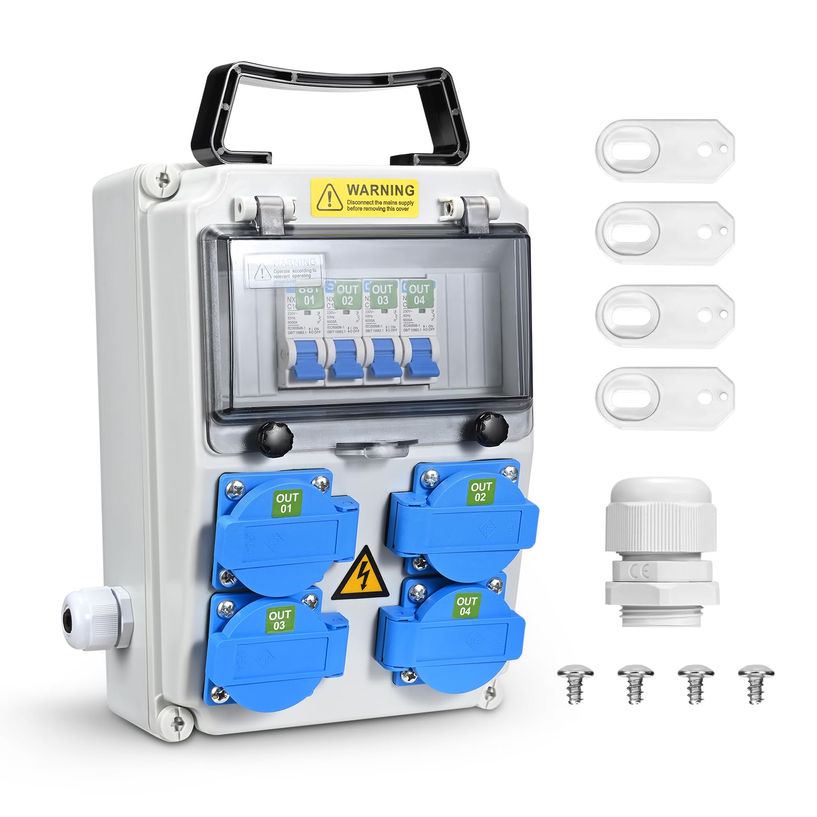 Cofanetto Elettrico di Cantiere 4 x 230V, IP54, Quadro Elettrico Esterno Impermeabile, Distributore di Corrente Elettrica per Officine, Cantieri e Fabbriche