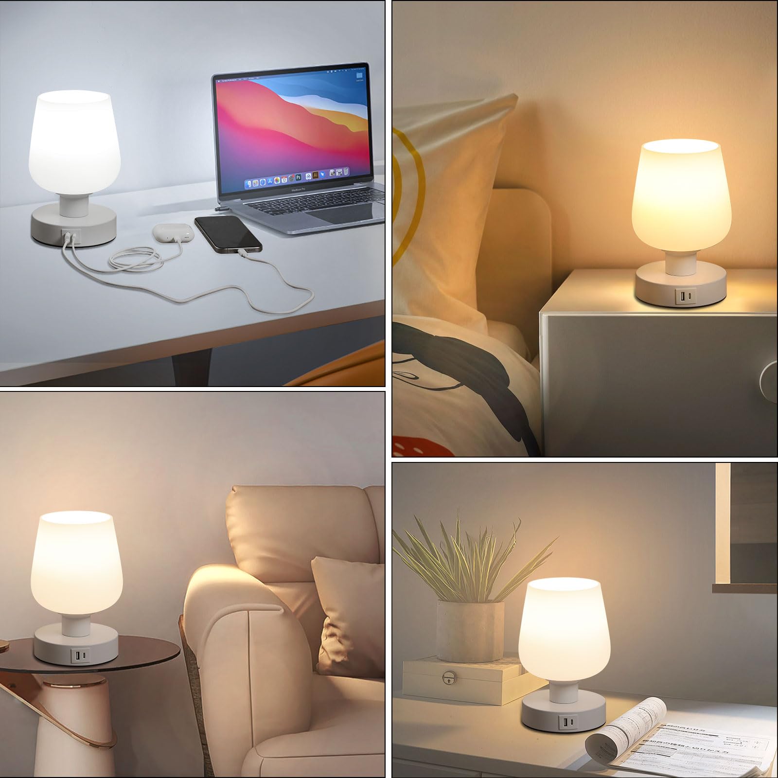 Lightess Lampada da Comodino Touch Dimmerabile con Porte di Ricarica USB A+C, Lampada da Tavolo con Paralume in Vetro Smerigliato Bianco e Spina per Camera da Letto Soggiorno(Lampadina Inclusa)