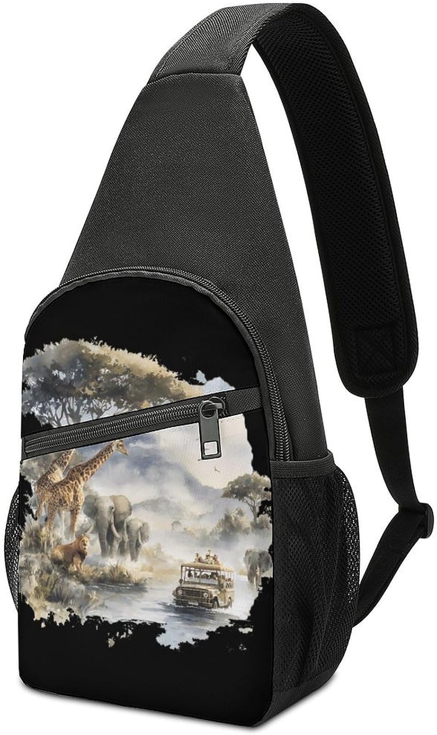 Africa Scene Giraffes Elephants Travel Crossbody Sling Backpack Chest Bag Daypack