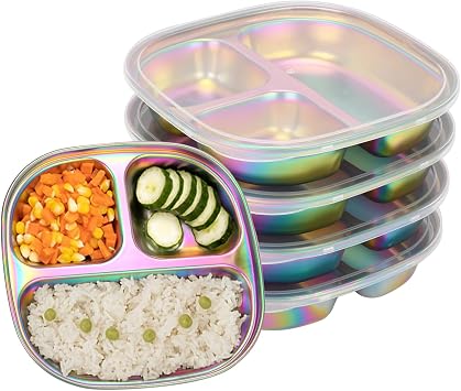 4-Pack Stainless Steel Divided Plates with Lids Portion Control Meal Trays for Balanced Meals BPA-Free, Shatterproof, Dishwasher Safe Ideal for Home, Travel, School Colorful-3-Section