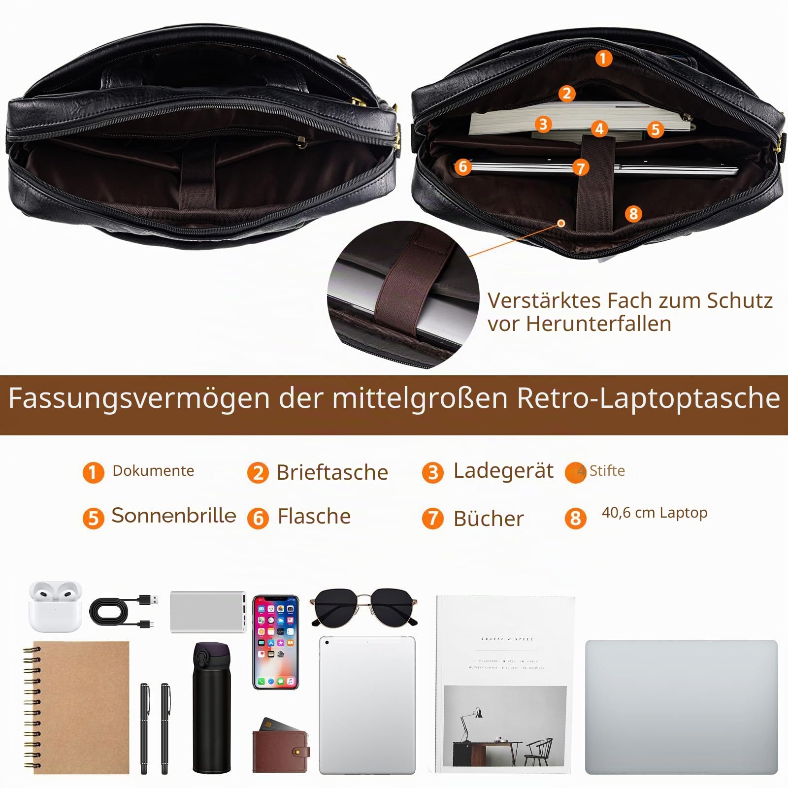 Herren Messenger Bag 17,3 Zoll Canvas/Leder Laptoptasche Rucksack für Herren Aktentasche Computer Handtaschen Schultertasche wandelbar, PU, klein, Schwarz, 16 inches, Retro
