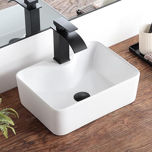 Miniatura 10 de Fregadero pequeño rectangular de 16.0 x 12.0 in, color blanco, para colocar sobre mostrador, de cerámica, de porcelana, para baños