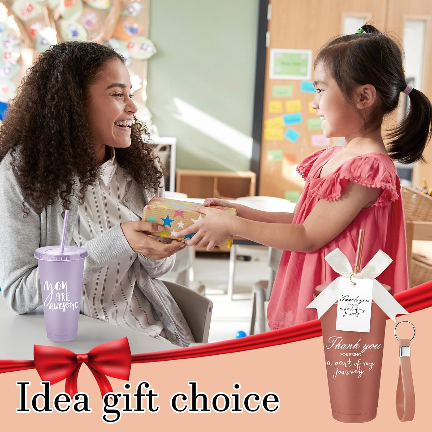 Tioncy 30 Sets Employee Appreciation Gifts Bulk 24 oz Plastic Tumbler with Lid and Straw Reusable Coffee Cups with Keychain Bowknot Card Christmas Gifts for Coworker Staff Worker Favors(Encourage) - Image 6