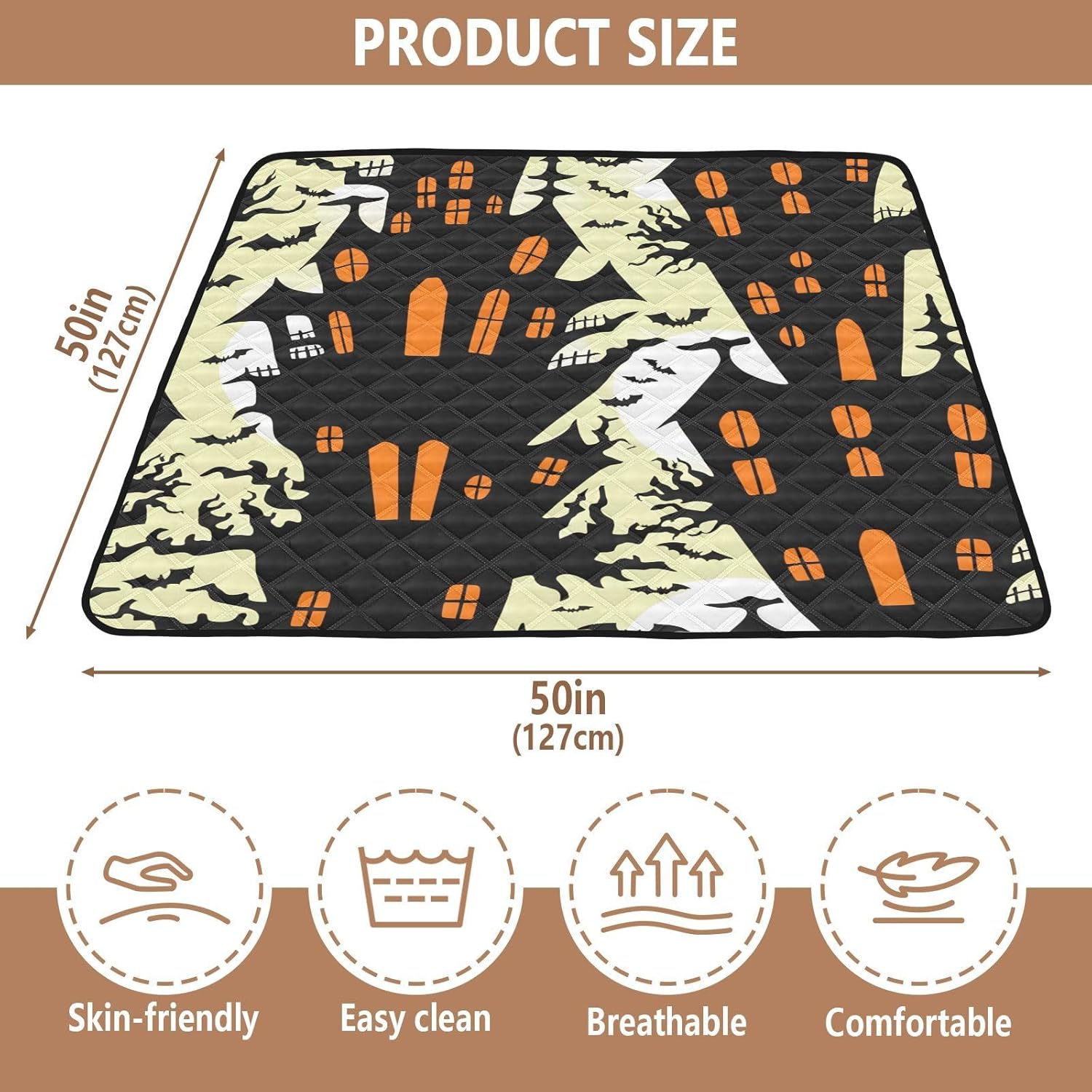 Graffiti Castle & Bats Baby Play Mat, 50“ X 50” Washable Folding Crawling Mat, Baby Floor Mat, Soft, Non-Slip