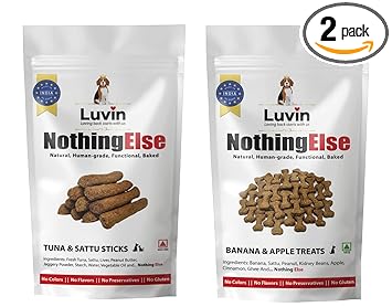 Luvin Nothing Else Human-Grade | Natural | Functional | Baked Treats for Dogs | Tuna and Sattu Sticks 150g and Banana & Apple Treats - 150g