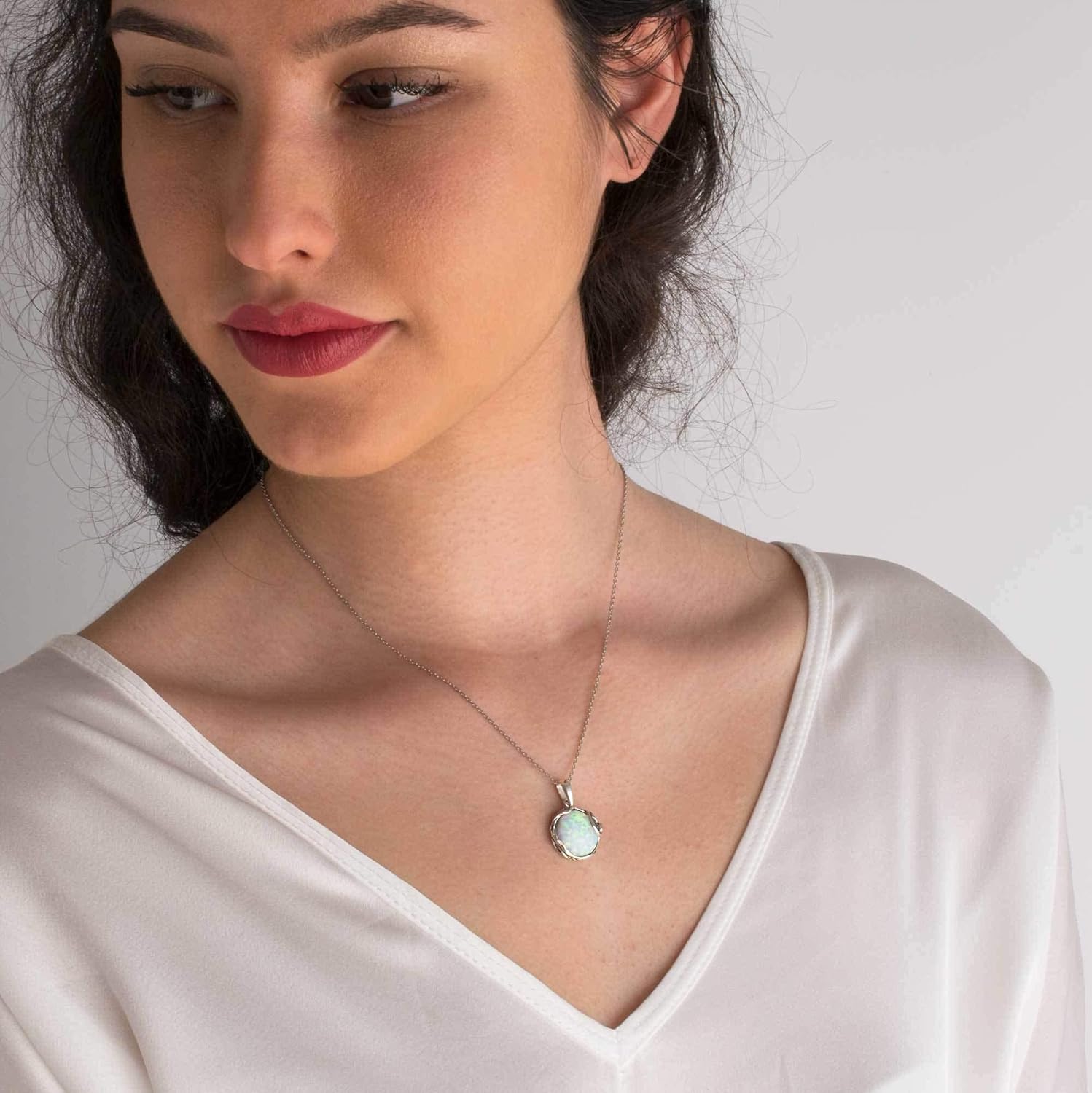 ADITA GOLD 925 Sterling Silver White Opal Necklace - 14mm Round Gemstone - White Opal Necklace for Women - 50cm Cable Chain - October Birthstone Opal Jewelry - For Classy Gift and Everyday Wear - Image 9