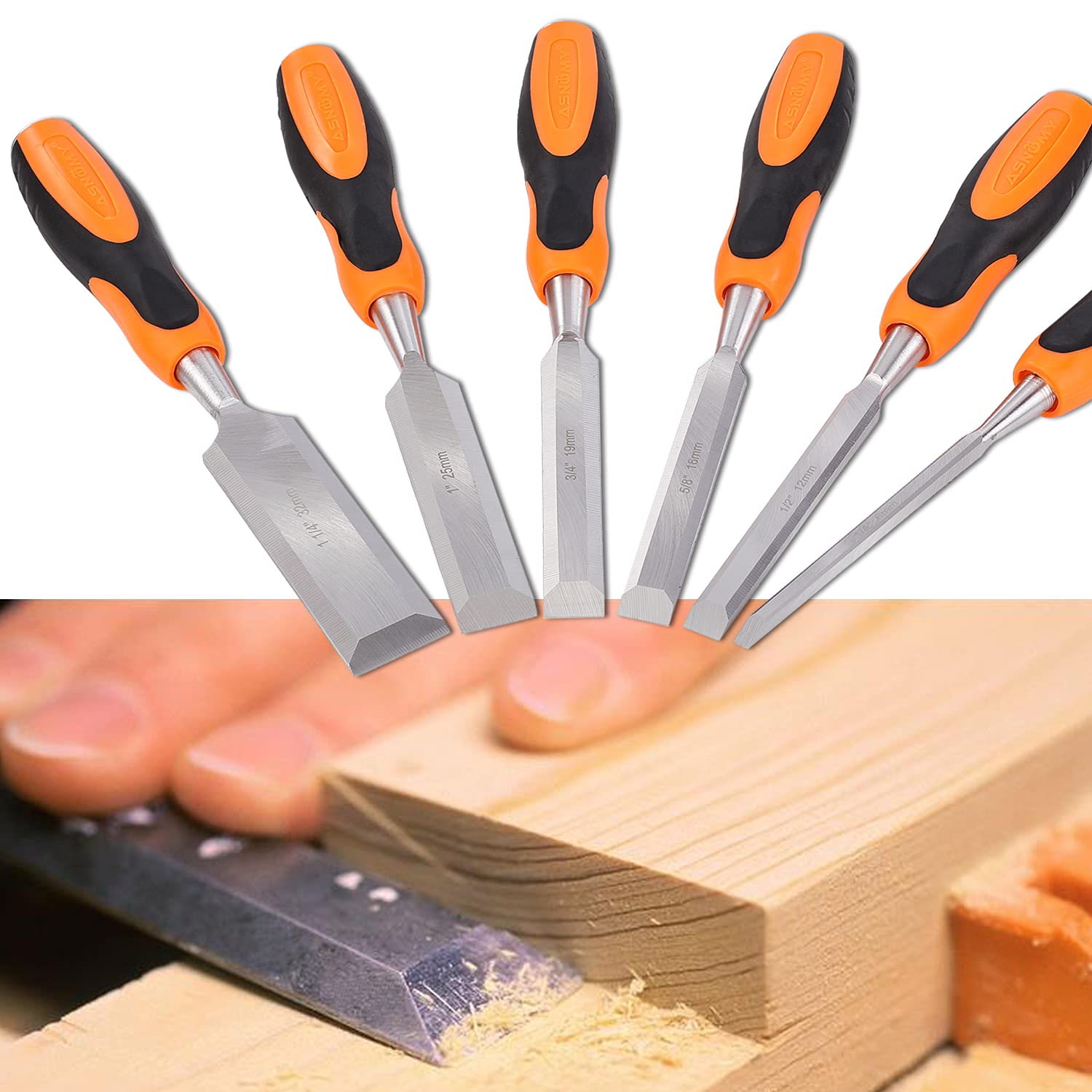 ASNOMY 6 Pieces Wood Chisel Set, CrV Construction Chisels With PVC High Impact Handle for