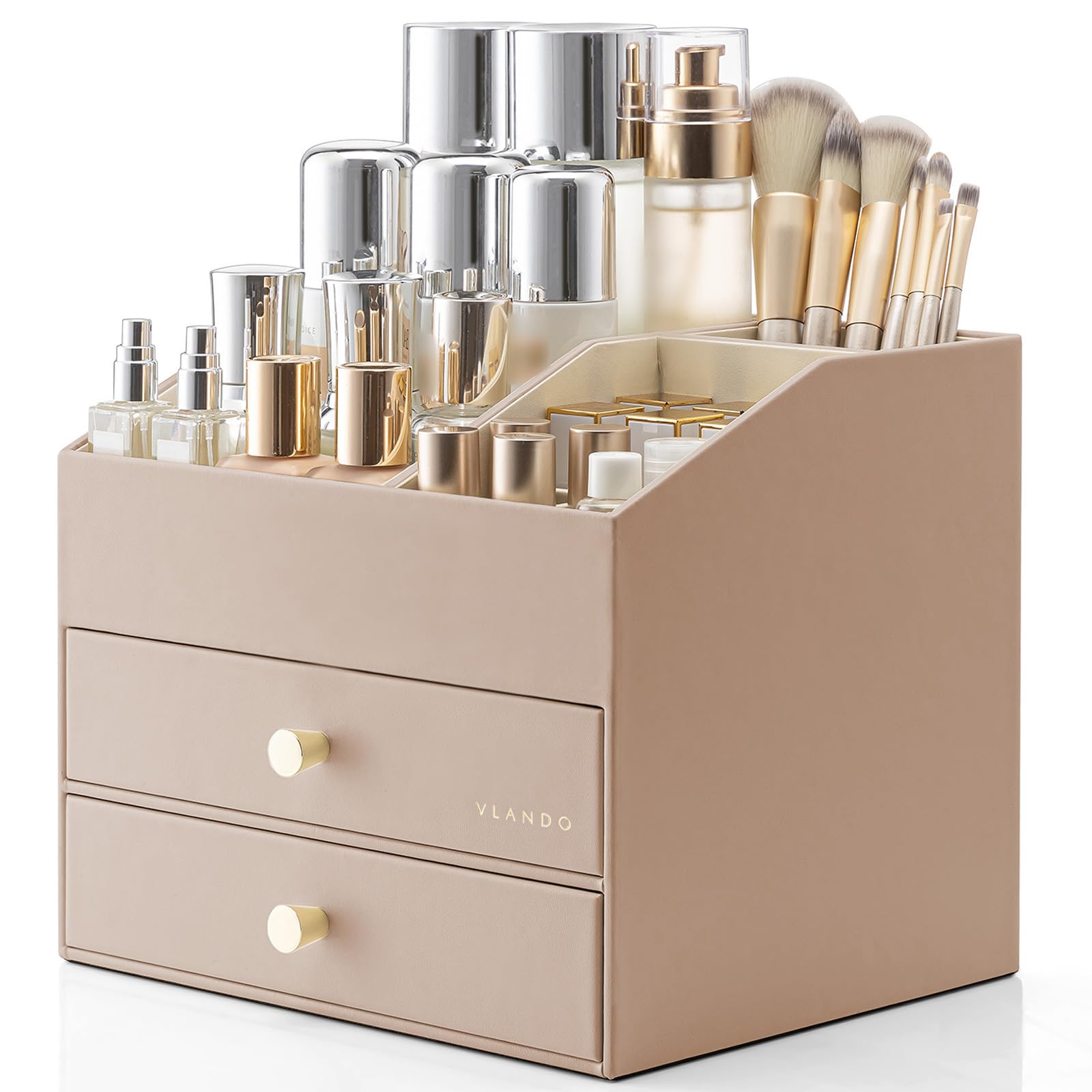 Makeup Organiser, Faux Leather Cosmetic Organiser with 2 Drawer, Dressing Table Organiser for Lipstick, Jewellery & Skincare Storage,Toffee