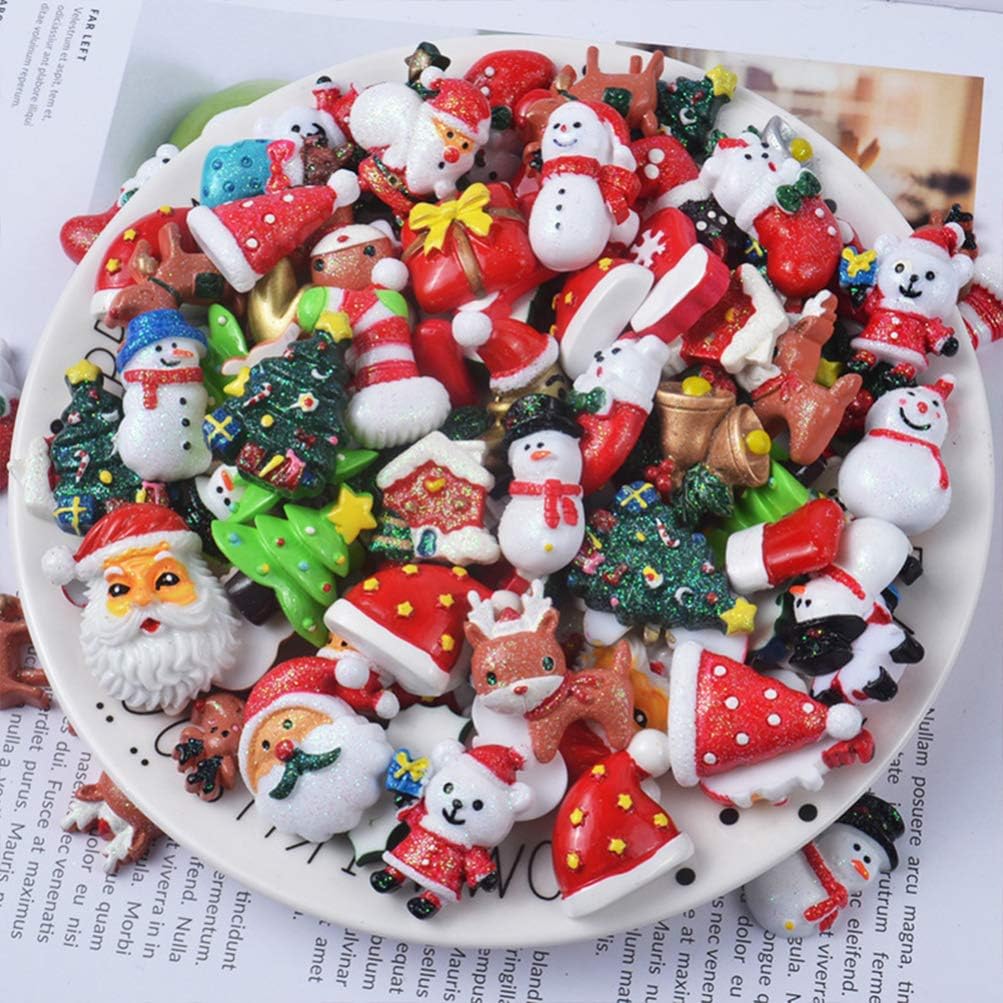 Happyyami 100pcs Christmas Flatback Embellishments Resin Santa Xmas Tree Snowman Bell Charms for DIY Craft Making Scrapbooking Jewelry Beads Embellishments