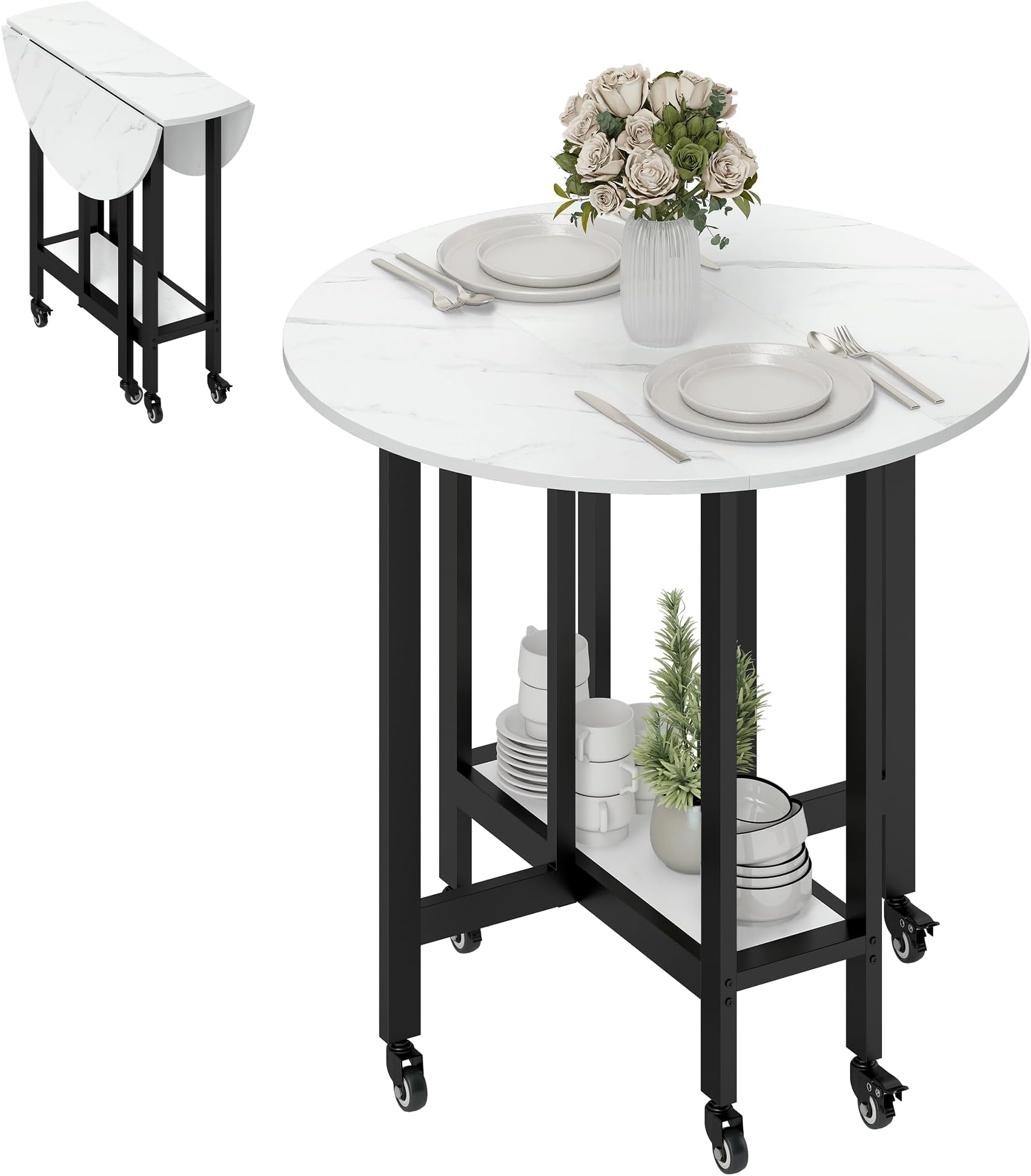 HOMCOM Folding Dining Table, 28.5-80cm Rolling Drop Leaf Table with Open Shelf for Dining Room, Living Room, Small Spaces, White Marble