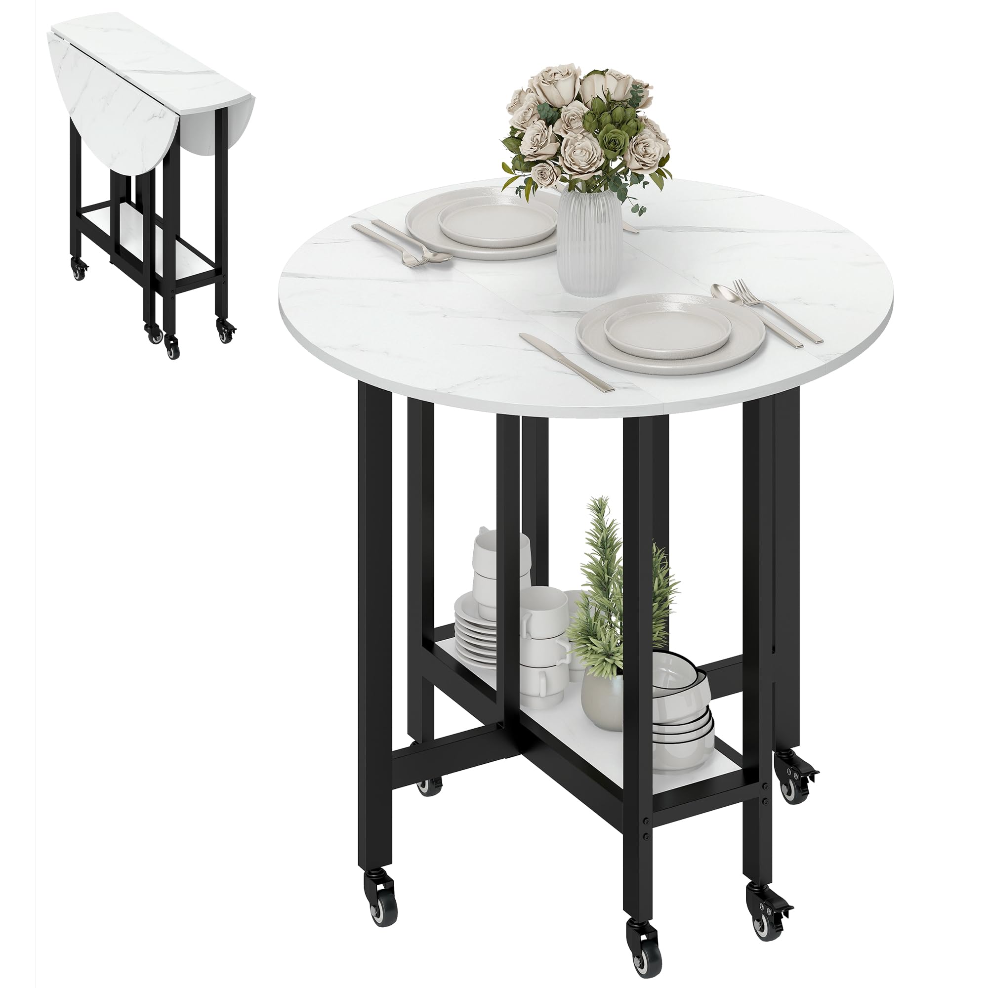 HOMCOM Folding Dining Table, Rolling Drop Leaf Table with Open Shelf for Dining Room, Living Room, Small Spaces, White Marble