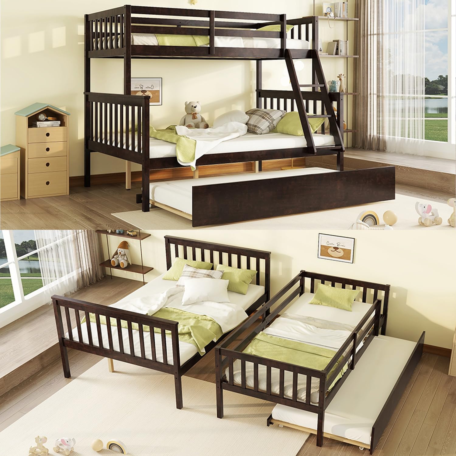 Twin Over Full Bunk Bed with Twin Size Trundle, Wooden Bunk Bed Frame with Slatted, Detachable, Can be Separated to 2 Beds, with Guardrails+Convertible Ladder (Espresso)