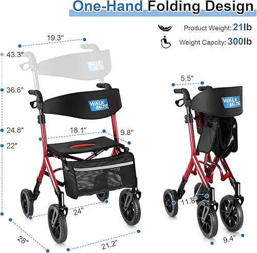 Miniatura 5 de WALK MATE Andador con ruedas para personas mayores de 5.3 a 7 pies con asiento ajustable en altura, ruedas de 10 pulgadas, andadores ocultos de
