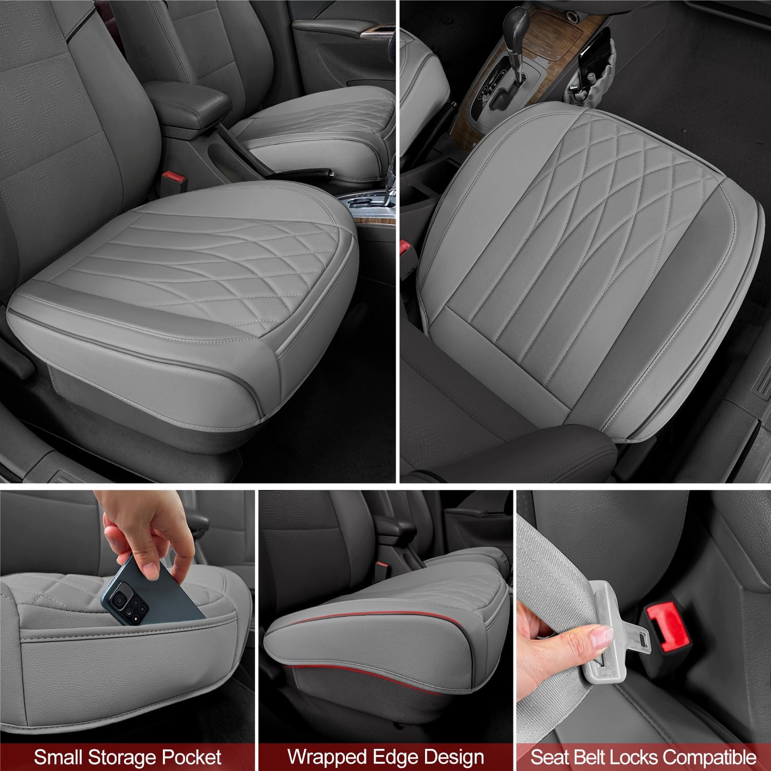 2 Pack Leather Front Car Seat Cover Bottom Car Seat, Universal Anti-Slip Driver Car Seat Protectors with Storage Pocket, Waterproof Bottom Auto Seat Cushion Pad Mat for Most Vehicles(Gray)