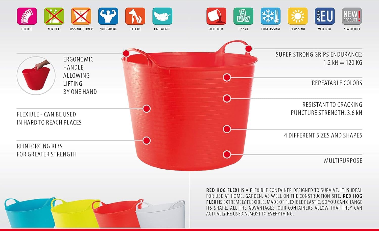Panier Universel, Grand Contenant, Seau Flexi, Panier à Linge - Solide, Durable, Flexible et Léger - Deux Poignées Robustes - Capacité de Charge : 120kg - 42L, 44x35x33cm - Bleu - 1 pièce