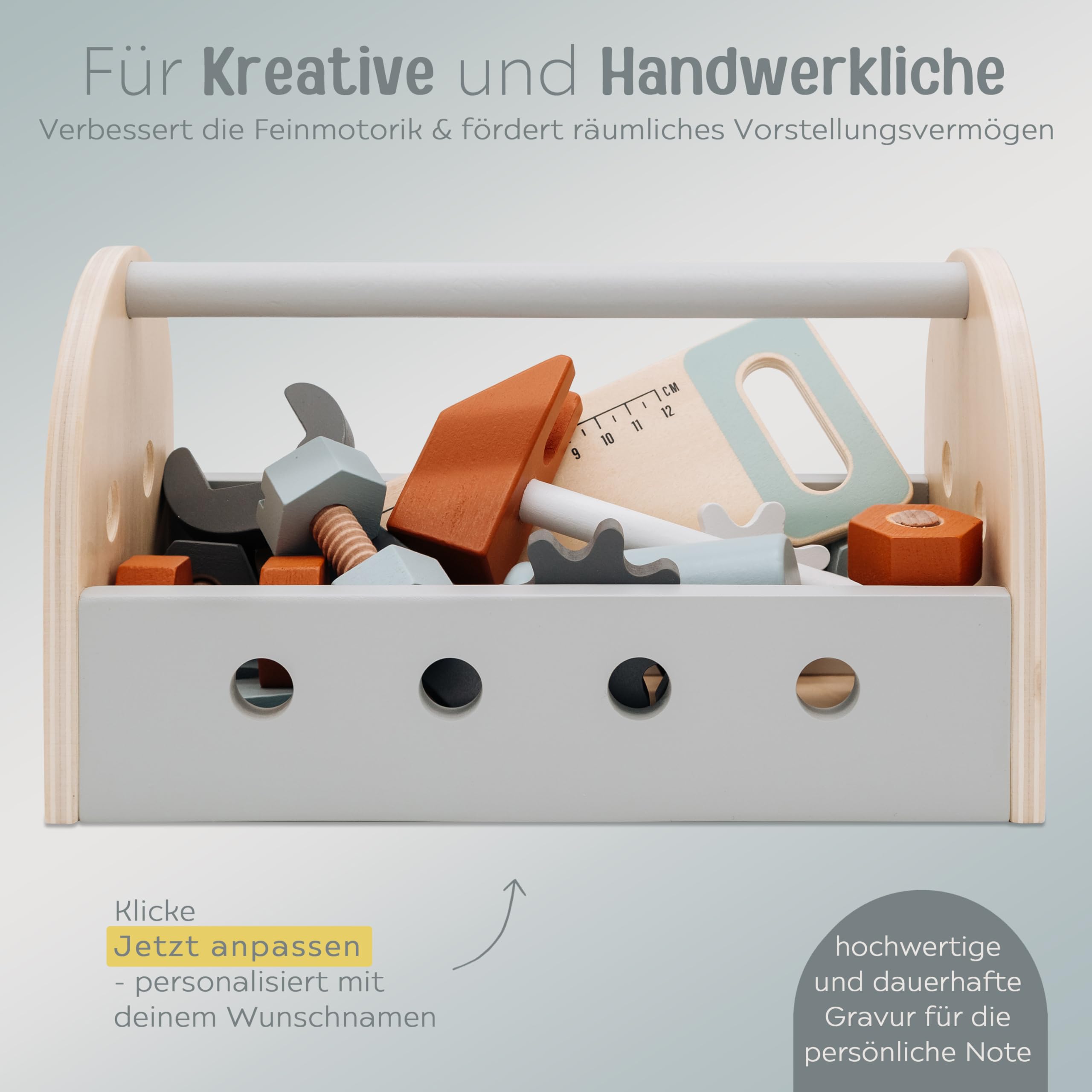 wunderwunsch Tryco Kinder Werkzeugkasten Holz, Werkzeugkoffer als Geschenk, Werkzeugset für Kleinkinder zum Lernen, Motorikspielzeug personalisiert, individualisiert (ohne Name)