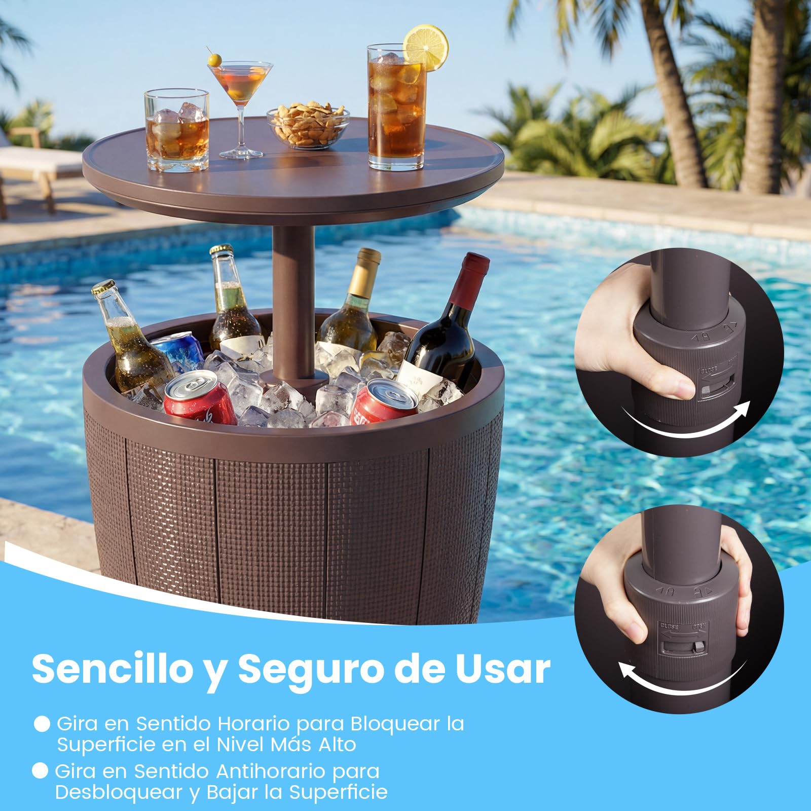 COSTWAY 2 en 1 Mesa Nevera para Jardín, 30 L, Cool Bar para Cerveza y Vino con Tapa Elevable y Tapón de Drenaje, Mesa Auxiliar, Mobiliario Patio, Mesa Cóctel para Piscina, Terraza y Camping (Marrón)