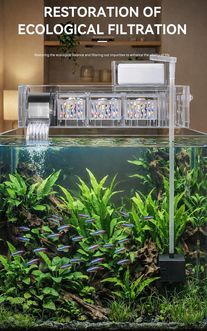 Filtro de acuario para tanque de peces, bomba de filtración multietapa, filtro interno silencioso para acuario con caudal ajustable, oxigenación y generador de ondas, filtro reutilizable para tanque