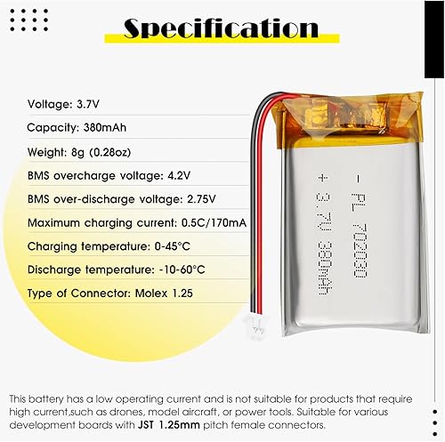Miniatura 3 de 702030 3.7V 380mAh LiPo Batería - Batería recargable de polímero de litio con placa de protección y conector Micro JST 1.25 para dispositivo