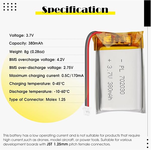 Batería LiPo 3.7V 380mAh 702030 - Batería de polímero de Litio Recargable con Placa de protección y Conector Micro JST 1.25 para Dispositivos electrónicos - 3