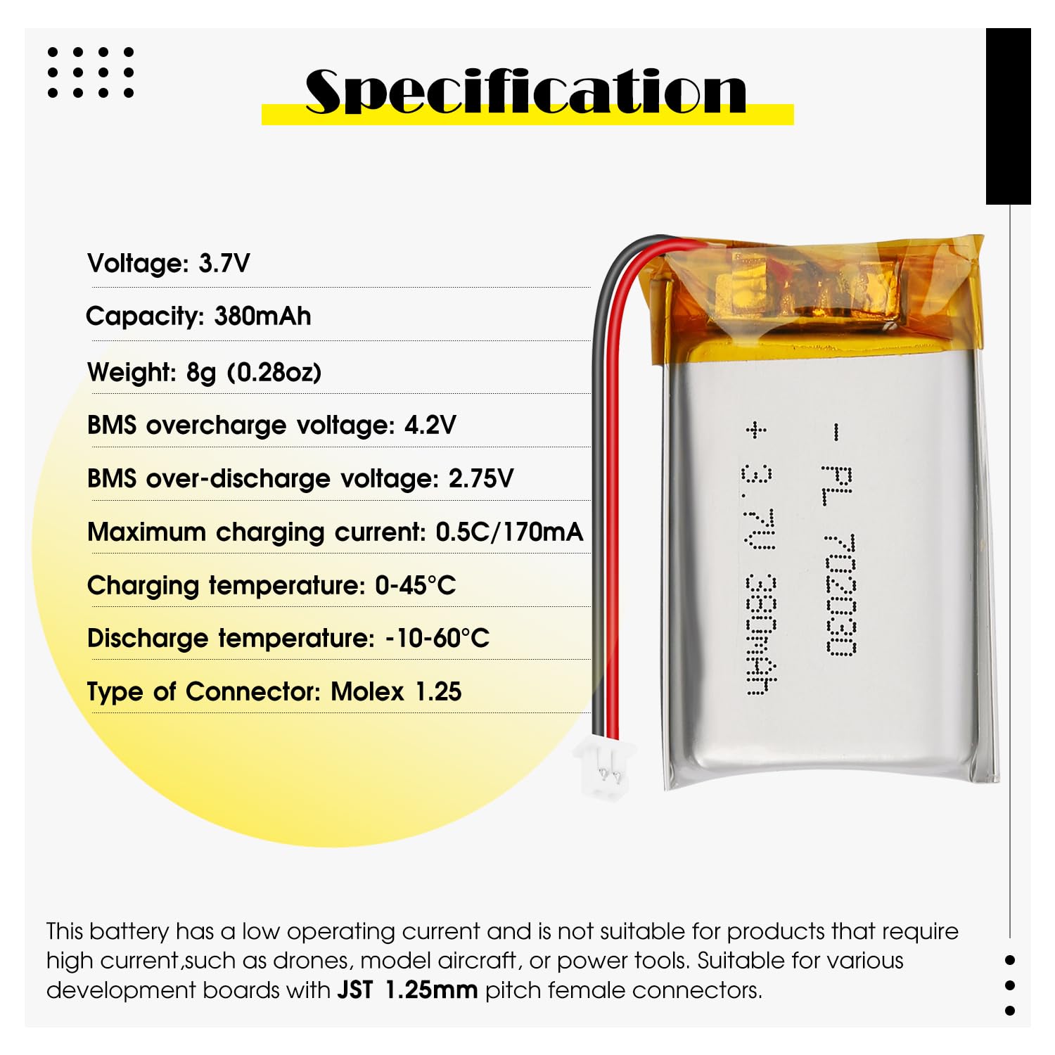 Batería LiPo 3.7V 380mAh 702030 - Batería de polímero de Litio Recargable con Placa de protección y Conector Micro JST 1.25 para Dispositivos electrónicos - 4