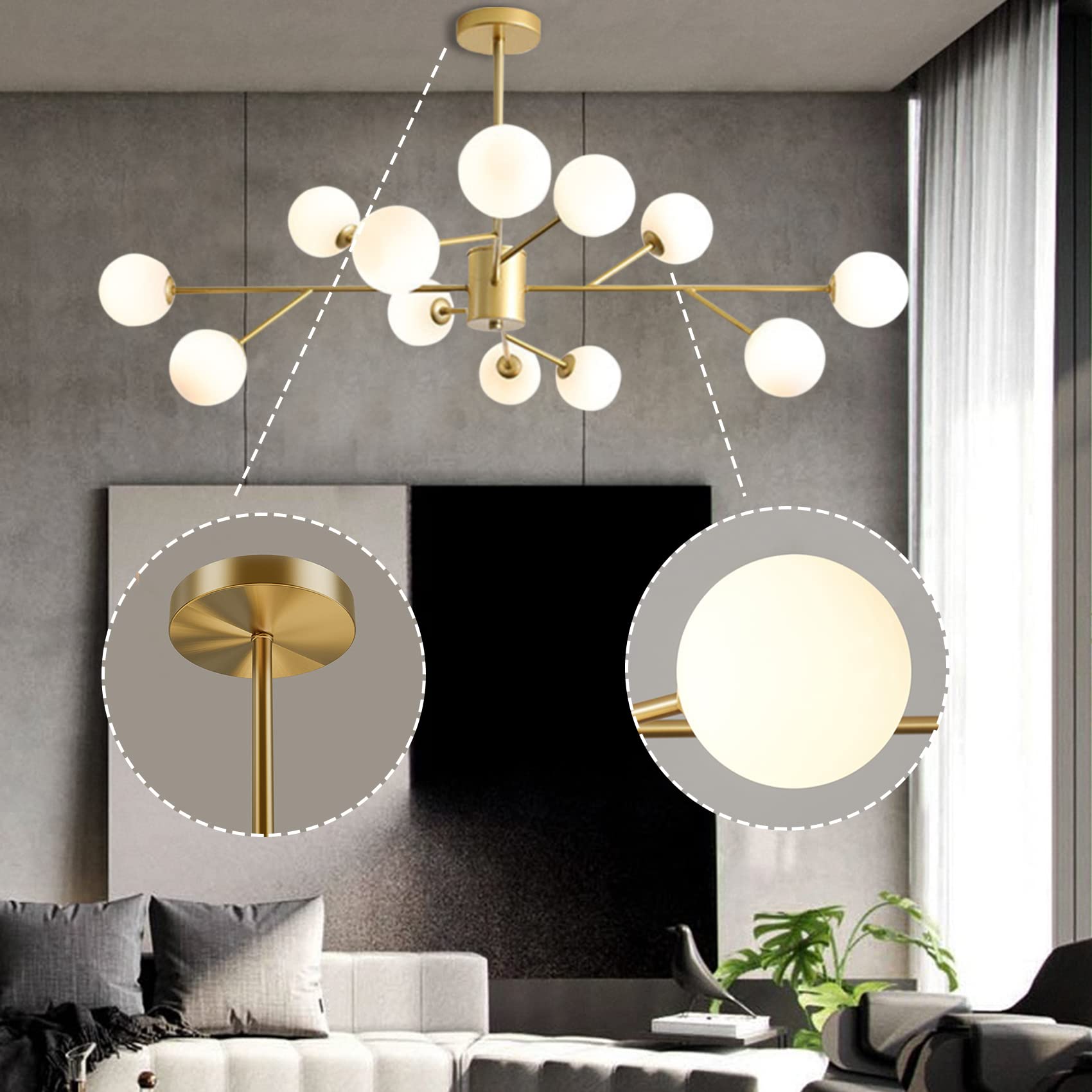 Lámpara de Araña Sputnik Dorado Bola Vidrio Mid-Century 12 Luces | Lamparas de Techo Sputnik Altura Ajustable, Lampara Colgante Techo G9, Sin Bombilla, para Salón Dormitorio Comedor Cocina