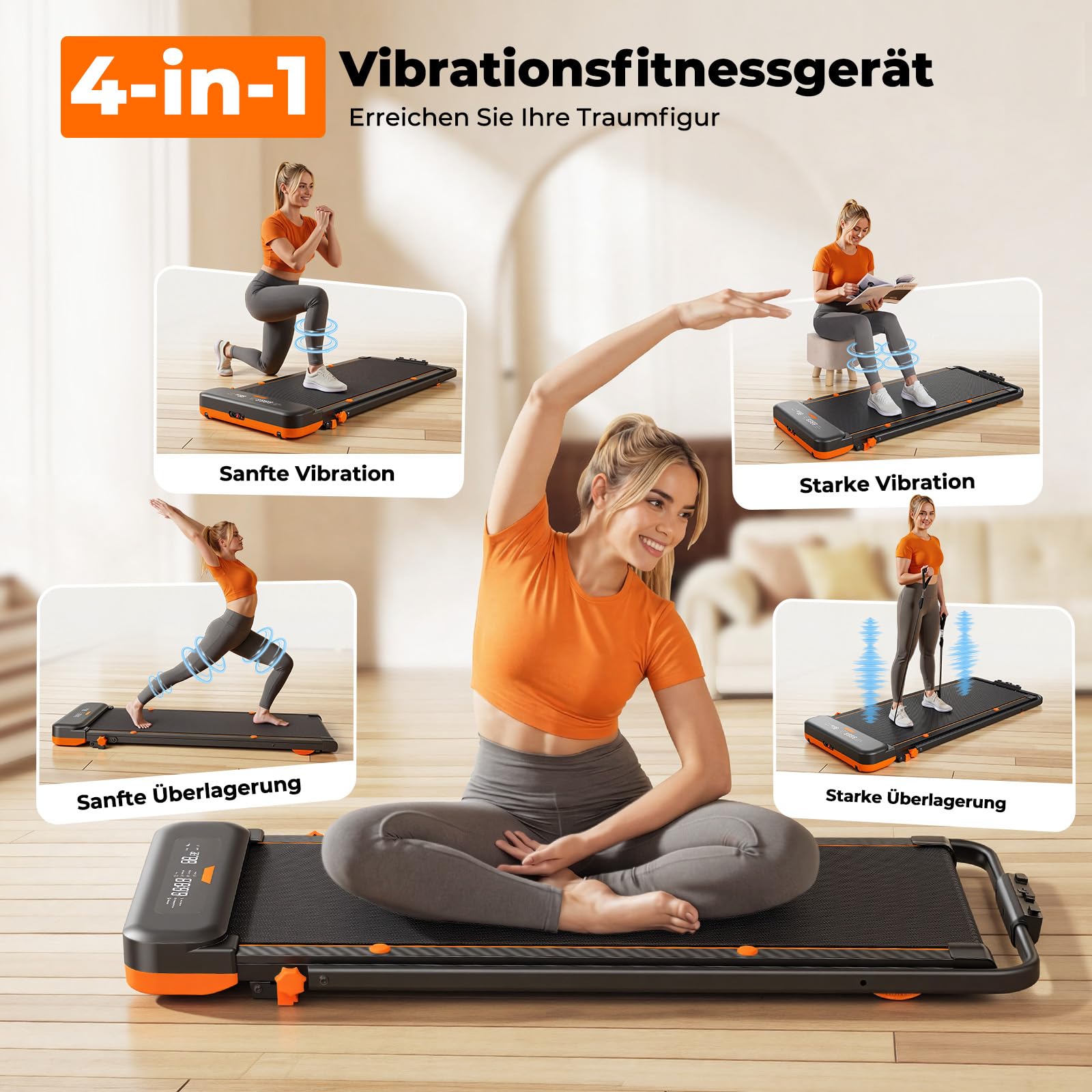 Laufband für Zuhause mit 5 Reha & 5 Vibrationsstufen, 6 in 1 Klappbares Walking Pad, 7% Steigung, 2,5 PS Motor (<40 dB), 1-10km/h Laufband Schreibtisch, Smart App, Fernbedienung, Schwarz