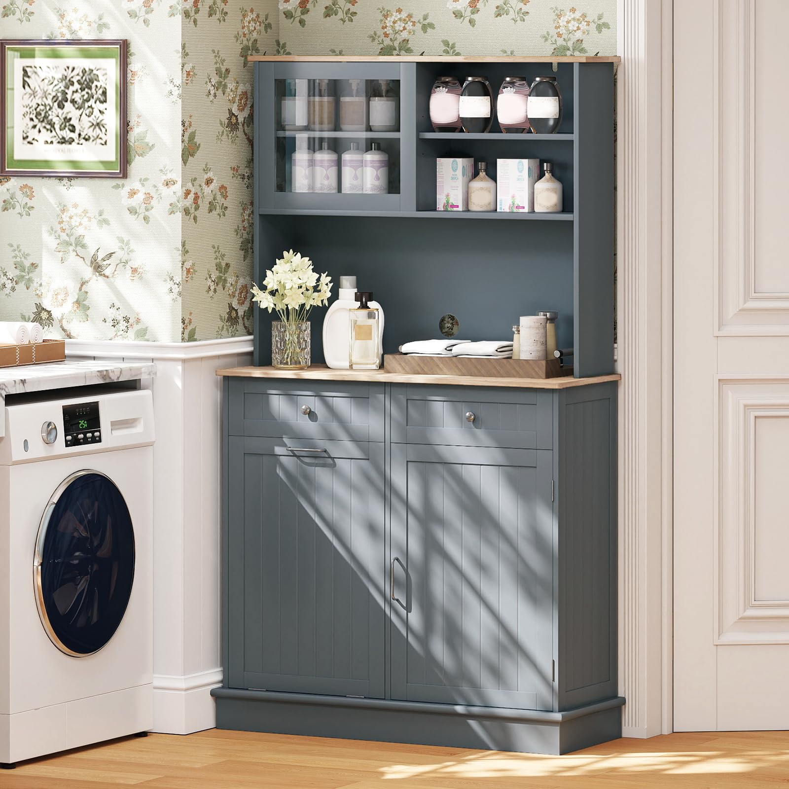 KOMFOTTEU Buffet Haut avec Support pour Poubelles, Colonne de Cuisine avec 2 Tiroirs & 2 Armoires à Portes, Meuble Rangementd de Cuisine, Plan en Bois Massif, 100 x 34 x 172 cm (Gris)