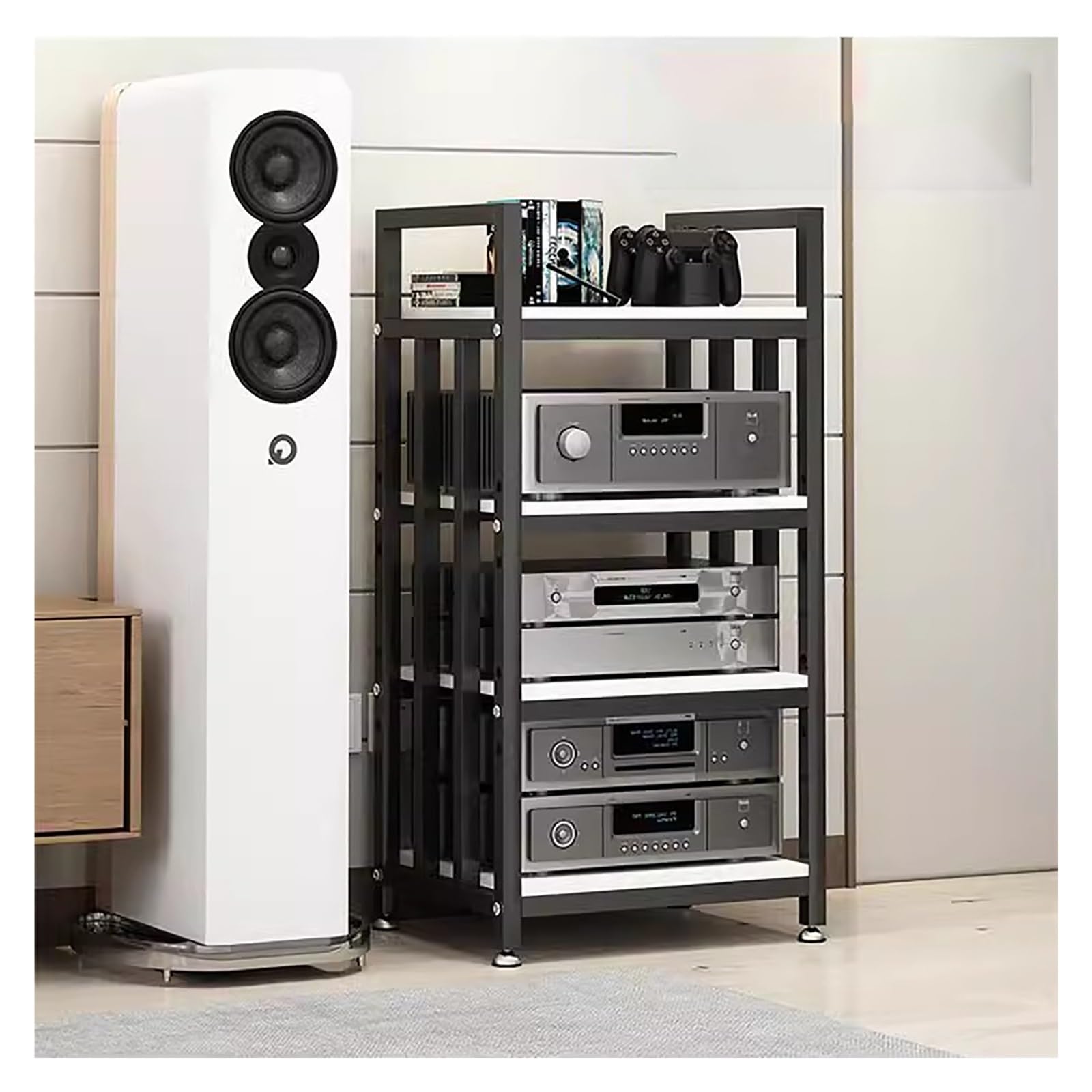 Meuble vinyle bois à 4 niveaux, support de rangement hi-fi, meuble TV multimédia et amplificateur
