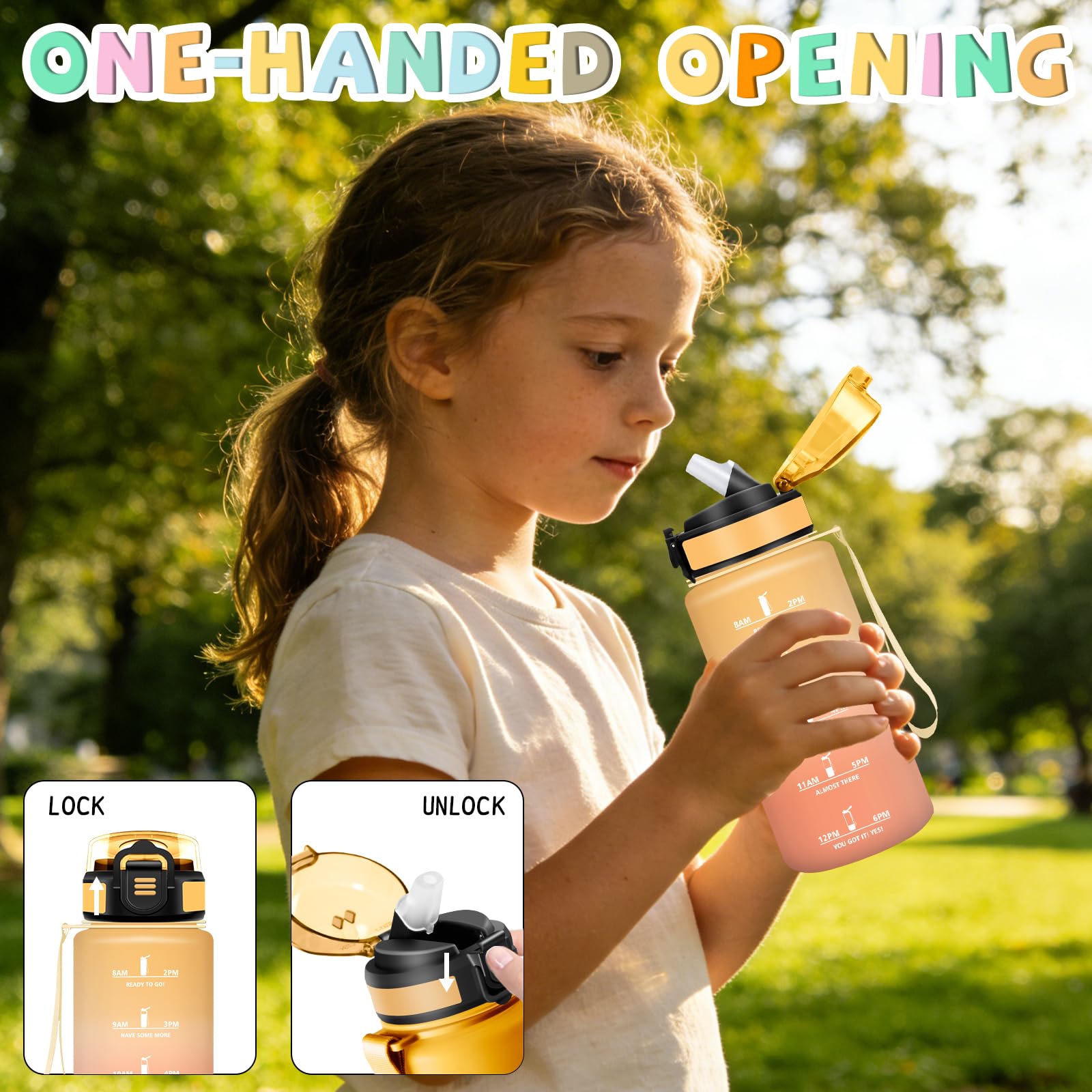 Borraccia- 0,5 litri- Borraccia Bambini, Borraccie con Cannuccia, Senza Perdite, Borraccie Motivazionale, Bocca Larga, Con Chiusura di Sicurezza, per Scuole, Corsa, Lavoro, Picnic