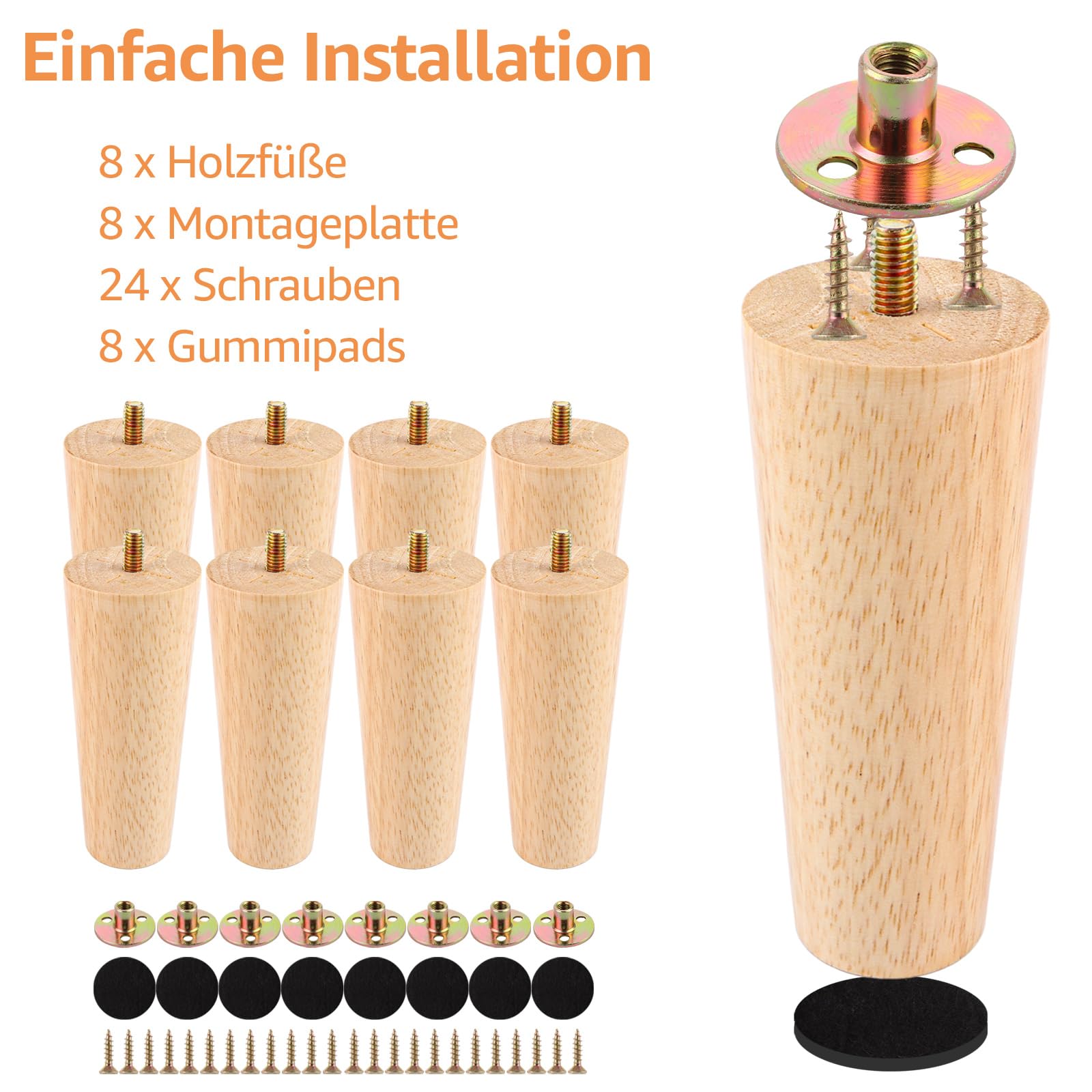 8 Stück 12cm Eiche möbelfüße Holz Möbelfuß Massivholz Holzfüße für Möbel mit Montageplatten, Schrauben und Gummipads, Holz Möbelfüße Tischbeine für Sofa Bett Schrank Couch Ottomane