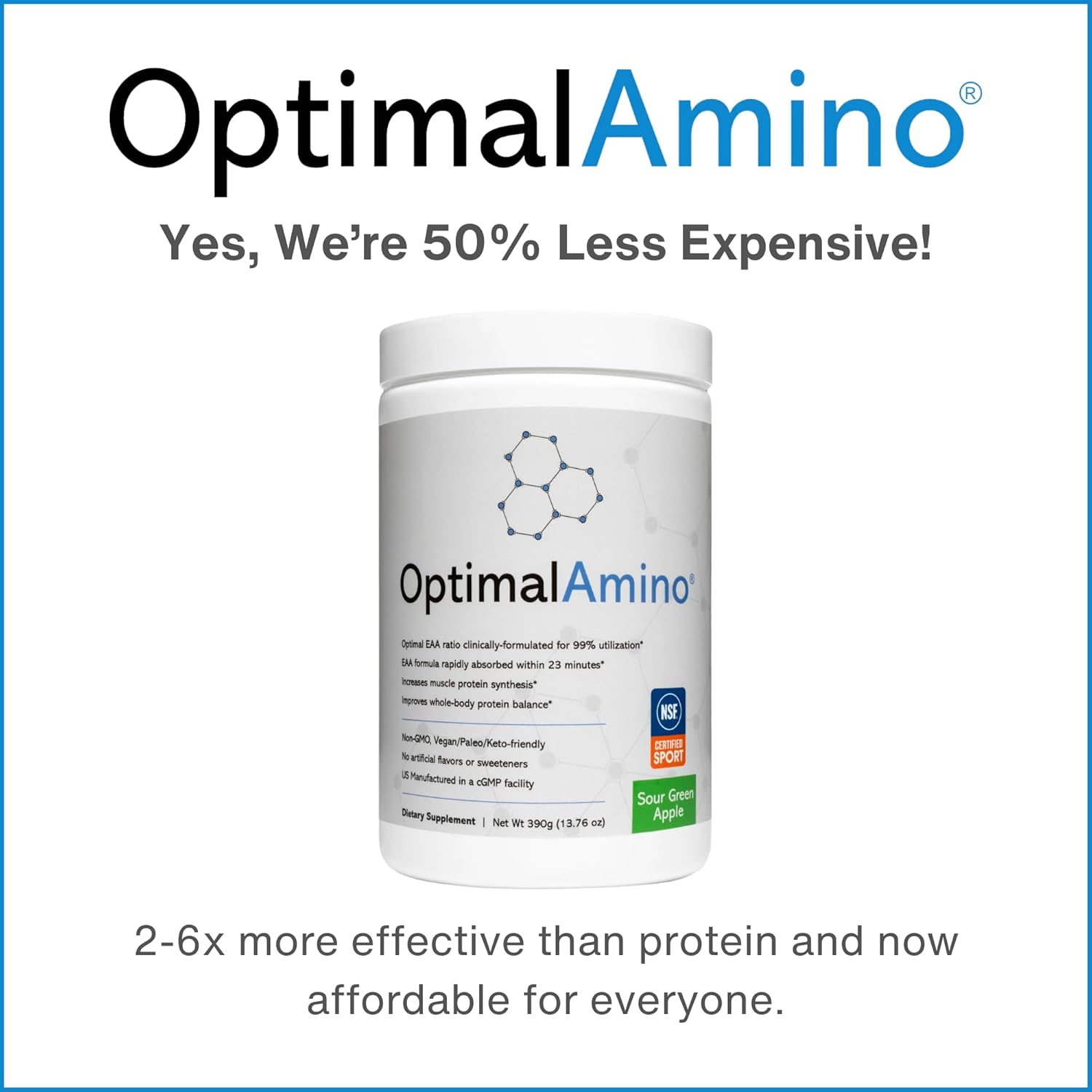 OptimalAmino Amino Acid Powder | 99% Utilized Essential Amino Acid (EAA) Supplement | Pre/Post Workout & Muscle Recovery | NSF for Sport Certified | Sour Green Apple Flavor - Image 7