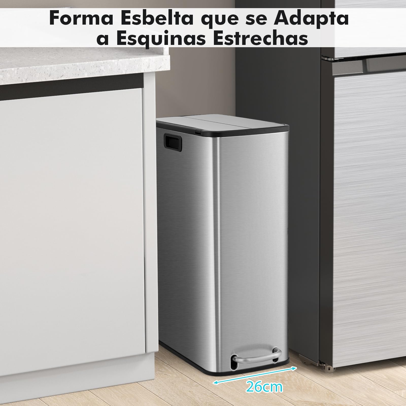 GIANTEX Cubo de Basura de Acero Inoxidable, Bote de Basura de 46 Litros, con 2 Tapas y Pedal, Cubo Interior Extraíble, 26 x 52 x 68 cm, Cubo de Basura para Cocina, Comedor, Inodoro