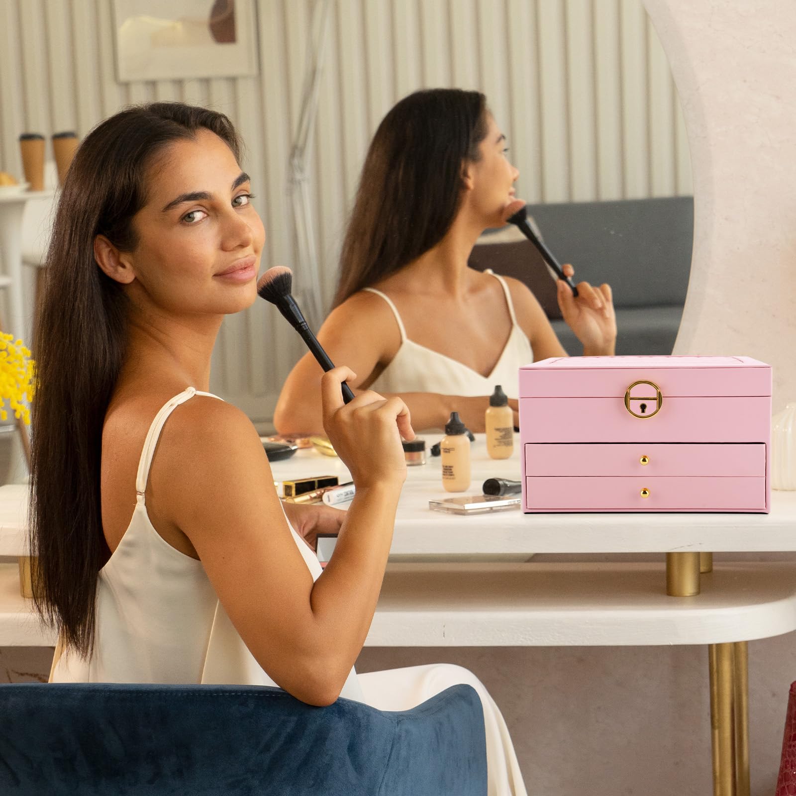 Joyero de 3 niveles con 2 cajones, organizador de joyas, cojín para relojes, cerradura y llave