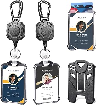Badge Holder Retractable Clip Heavy Duty Carabiner Badge Reel Keychain with Id Cards Holder Cool Tactical ID Holder 2 Holders and 2 Badge Reels Black # 04