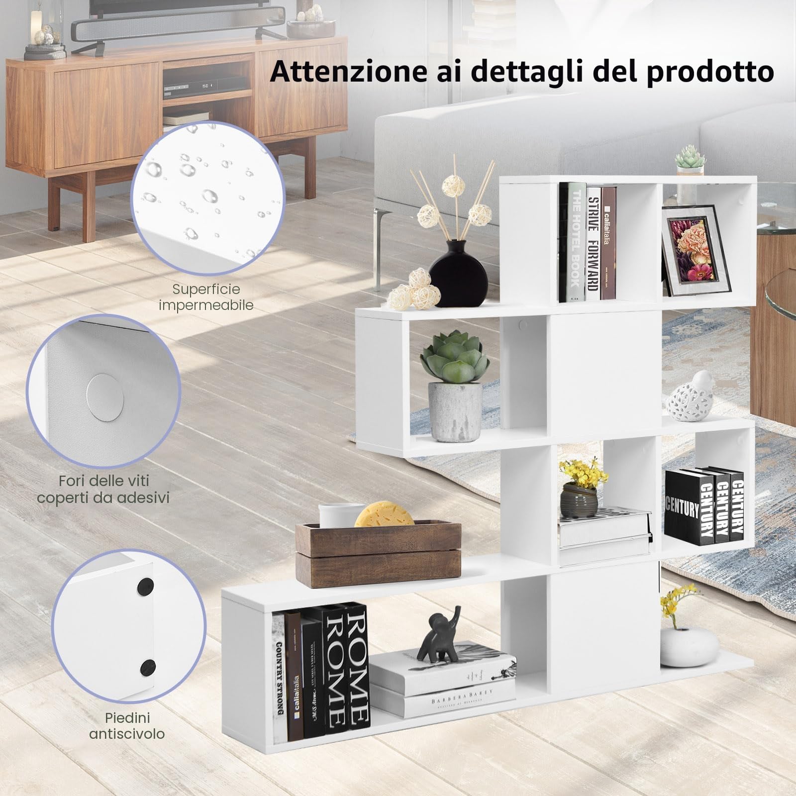 HOMASIS Libreria Scaffale a Forma di Mossa con 4 Livelli, Libreria Moderna Design in Legno, Divisorio Bifacciale Verticale per Soggiorno, Libreria Bianca a Forma di Scala, 120x19,5x109cm (Bianco)
