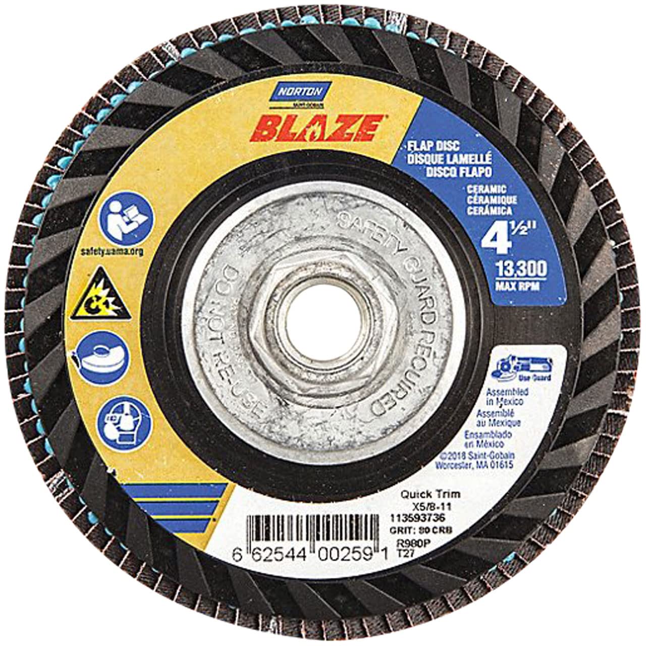 Norton 66254400259 4-1/2x5/8-11” Blaze R980P Ceramic Alumina Type 27 Quick Trim Flap Discs, 80 Grit, Coarse, 10 Pack