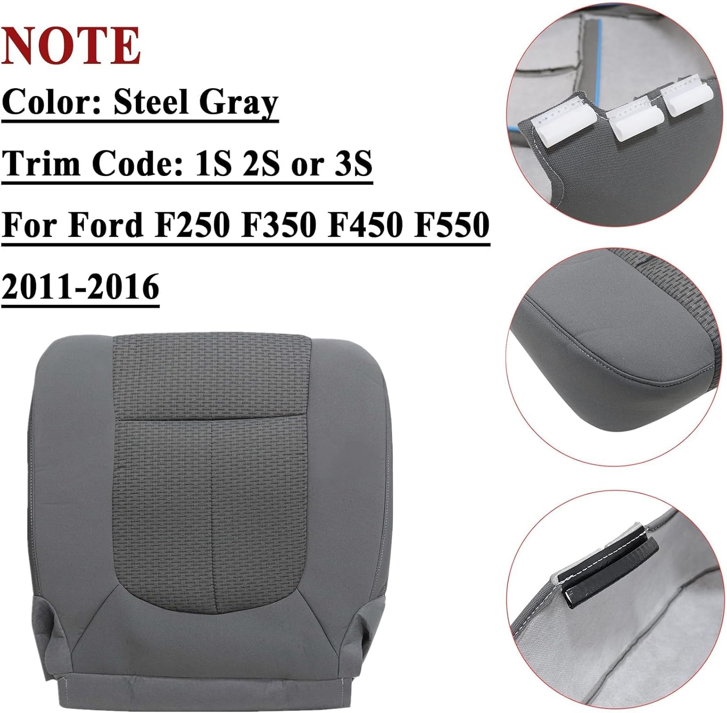 NLQR Front Driver Bottom Replacement Seat Cover & Foam Cushion Compatible with Ford F250 F350 F450 F550 2011-2016 Steel Gray #1S 2S or 3S Cloth Seat Bottom