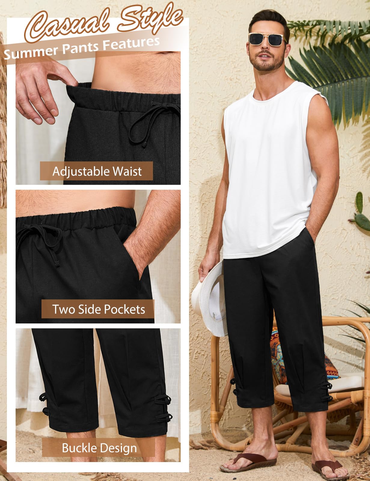 Short 3/4 en Lin pour Homme Pantacourt été Baggy être en Jachère Short de Plage Cordon élastique à la Taille Lin Homme Bermuda avec Poches