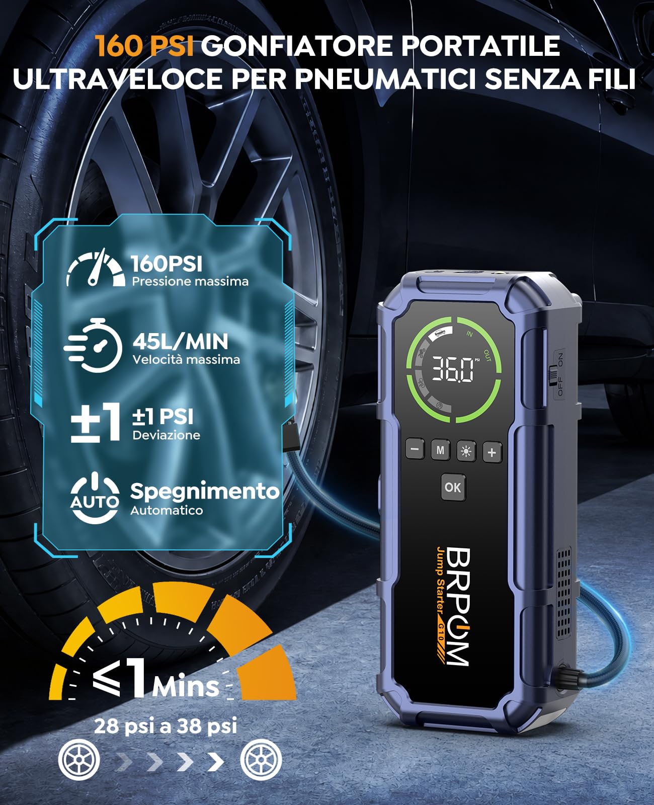 BRPOM Booster Avviamento Auto 8000A con Compressore 160 PSI, Jump Starter 12V, Avviatore Batteria Auto (Tutti i Motori a Benzina, Diesel fino a 12 L), Torcia LED 600 Lumen e USB-C（Dark purple）