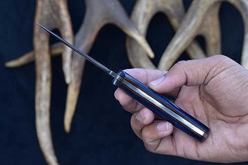 Miniatura 5 de Knives Ranch Cuchillo EDC de hoja fija de 7 pulgadas, cuchillo de caza, acero de damasco, espiga completa, mango de hueso, funda de cuero de